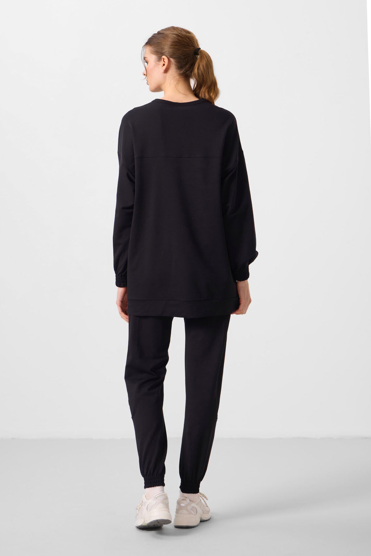 Siyah O Yaka Basic Oversize Kadın Eşofman Tunik Takım - 95347