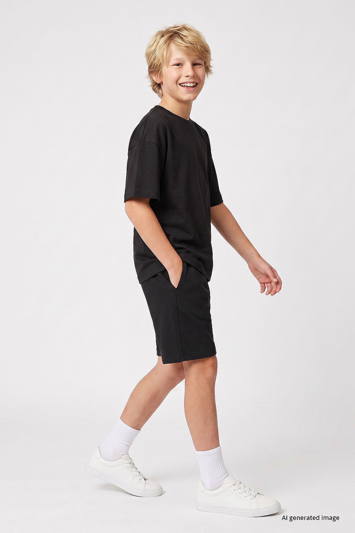 Siyah Oversize Fit Basic Erkek Çocuk Şort Takım - 11335