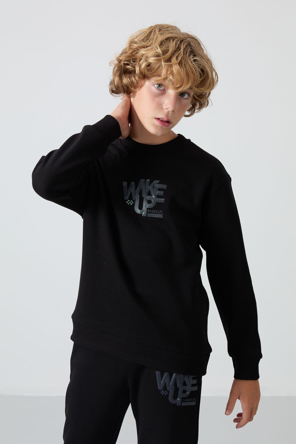 Siyah Pamuklu Kalın İçi Tüylü Yumuşak Dokulu Standart Fit Baskılı Erkek Çocuk Eşofman Takım - 11253