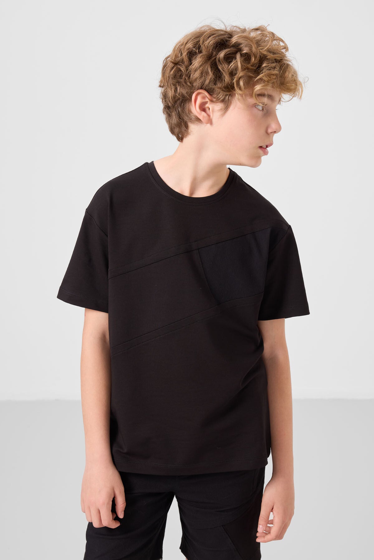 Siyah Pamuklu Oversize Fit Dokuma Hafif Esnek Chino Erkek Çocuk Şort Takım - 11275