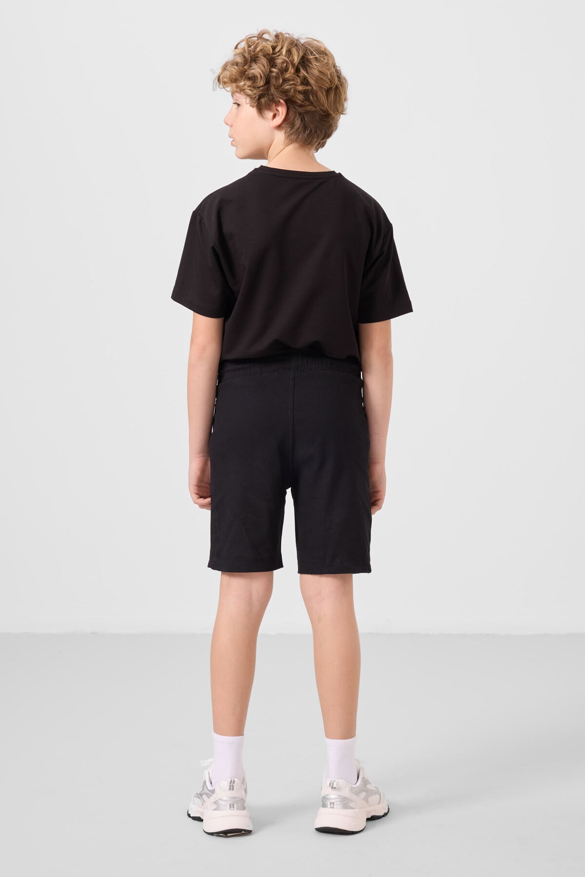 Siyah Pamuklu Oversize Fit Dokuma Hafif Esnek Chino Erkek Çocuk Şort Takım - 11275