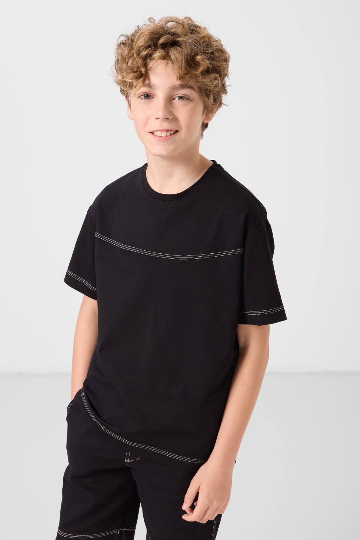 Siyah Pamuklu Oversize Fit Dokuma Hafif Esnek Chino Erkek Çocuk Şort Takım - 11279