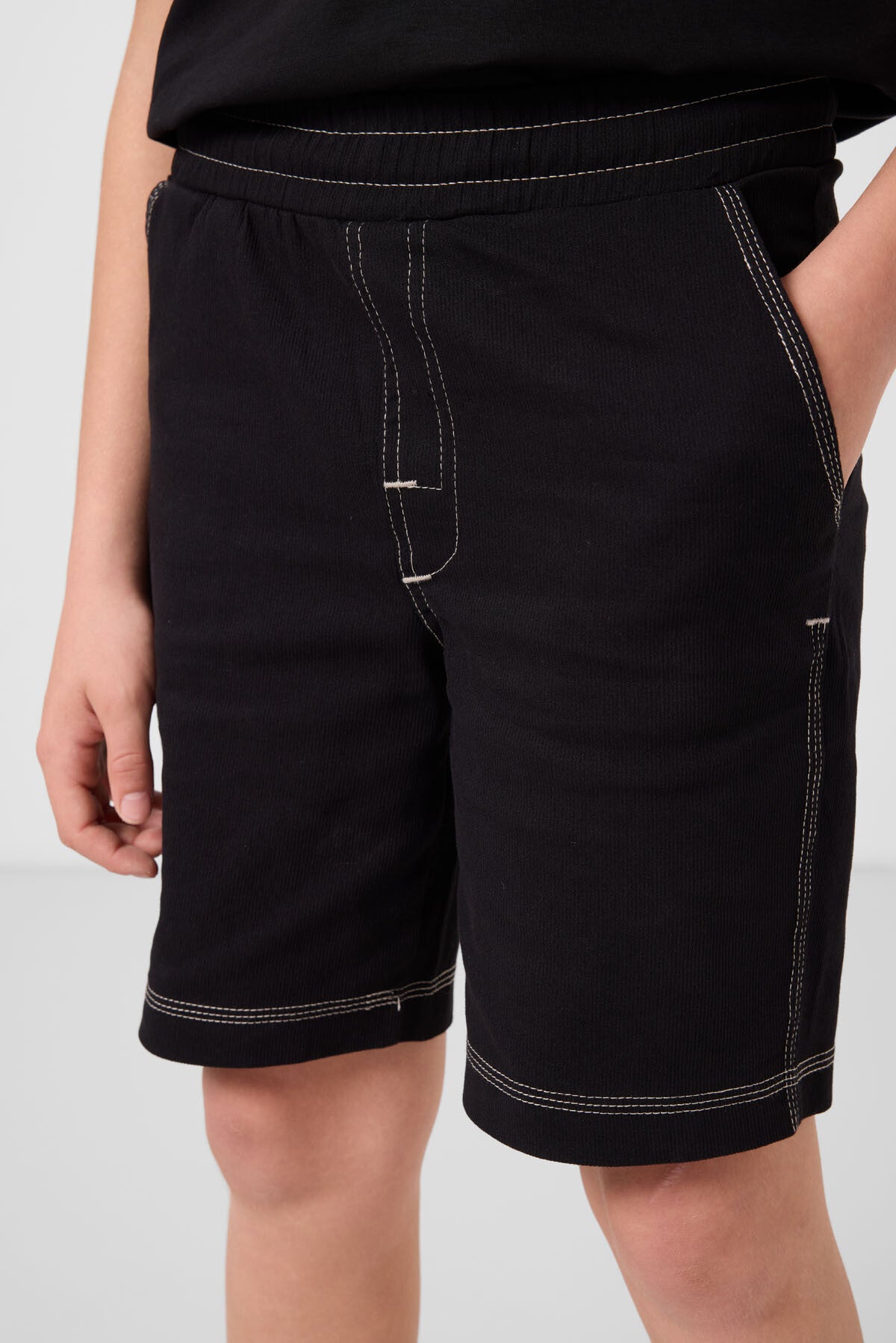 Siyah Pamuklu Oversize Fit Dokuma Hafif Esnek Chino Erkek Çocuk Şort Takım - 11279