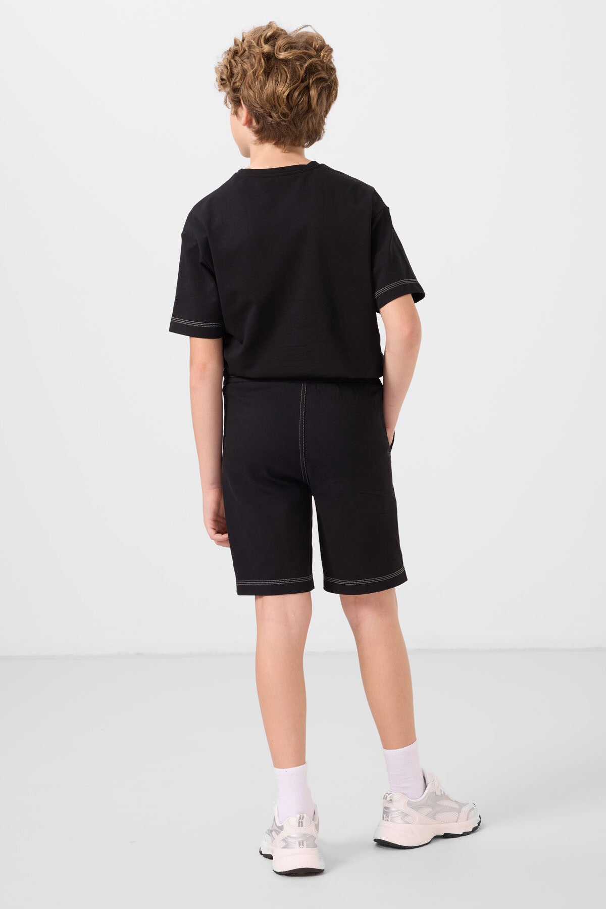 Siyah Pamuklu Oversize Fit Dokuma Hafif Esnek Chino Erkek Çocuk Şort Takım - 11279