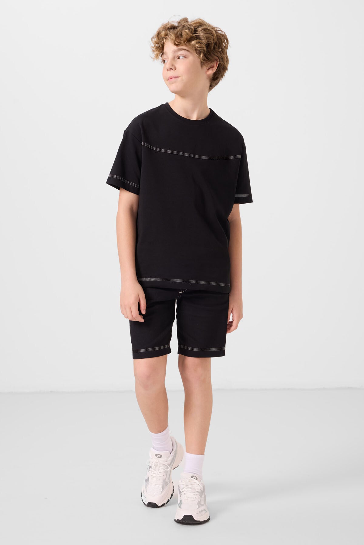 Siyah Pamuklu Oversize Fit Dokuma Hafif Esnek Chino Erkek Çocuk Şort Takım - 11279