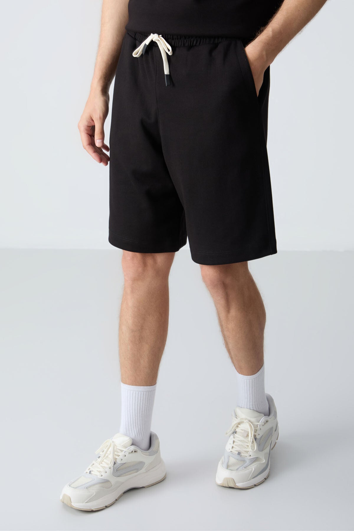 Siyah Pamuklu Kalın Yumuşak Dokulu Oversize Fit Basic Erkek Şort Takım - 85257