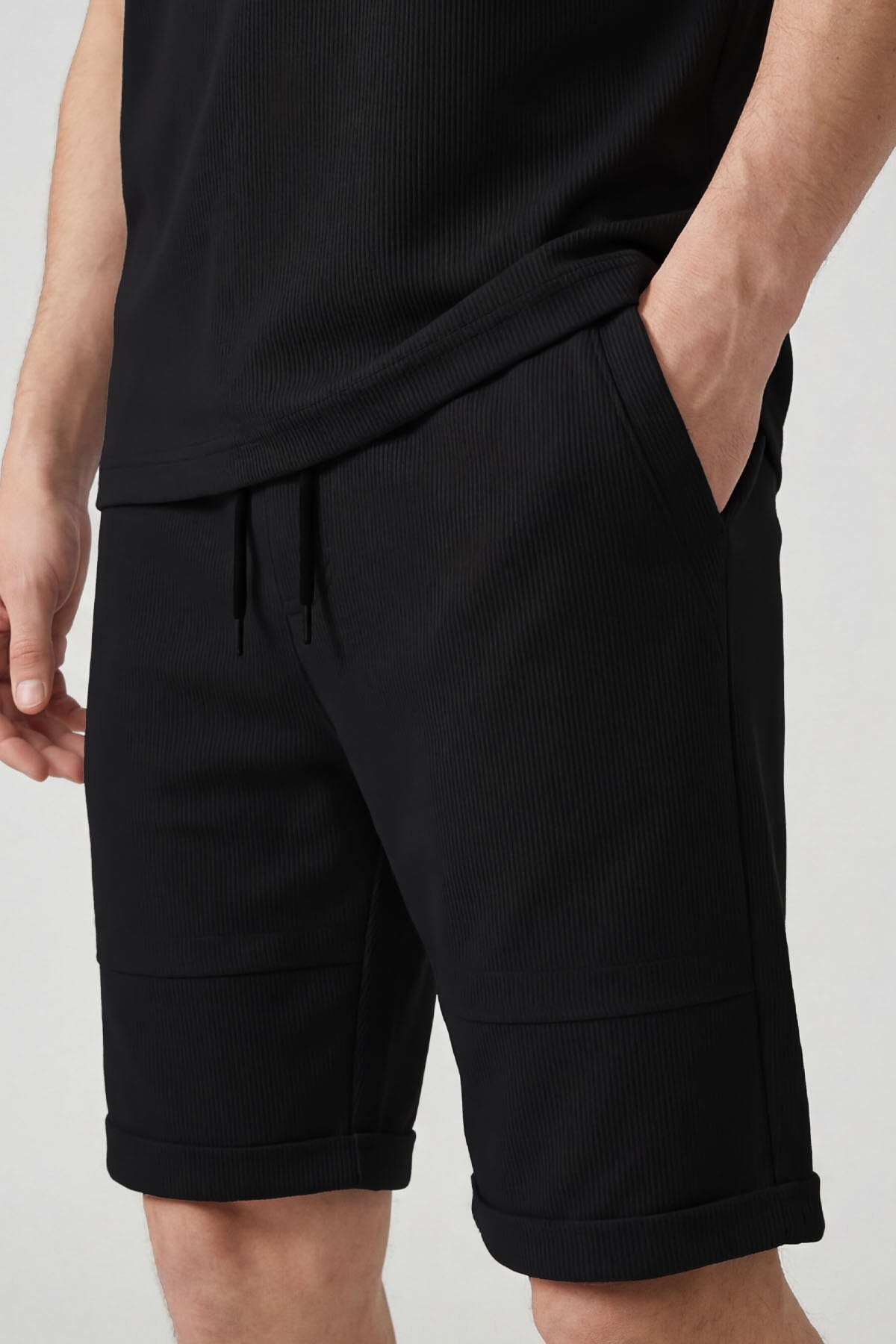 Siyah Oversize Fit Yumuşak Dokulu Basic Erkek Şort Takım - 85274