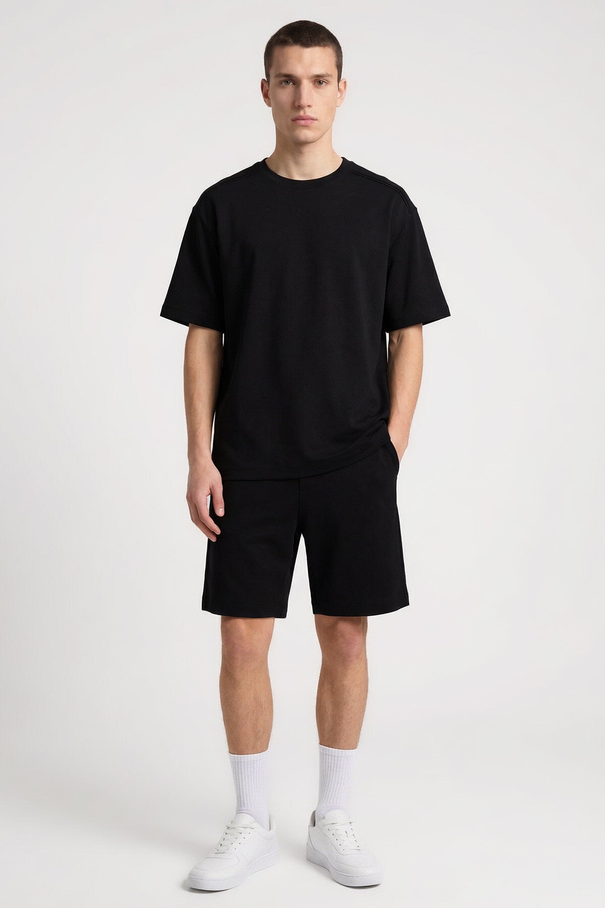 Siyah Oversize Fit Basic Erkek Şort Takım - 85292