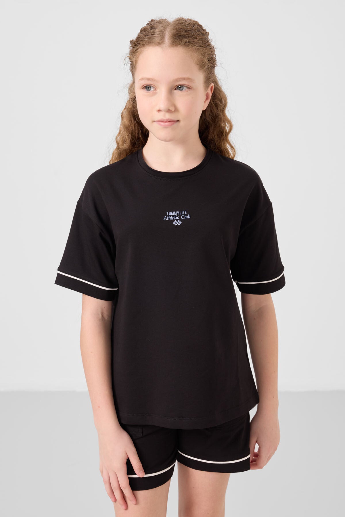Siyah Pamuklu Yumuşak Dokulu Standart Fit Basic Kız Çocuk Şort Takım - 75183