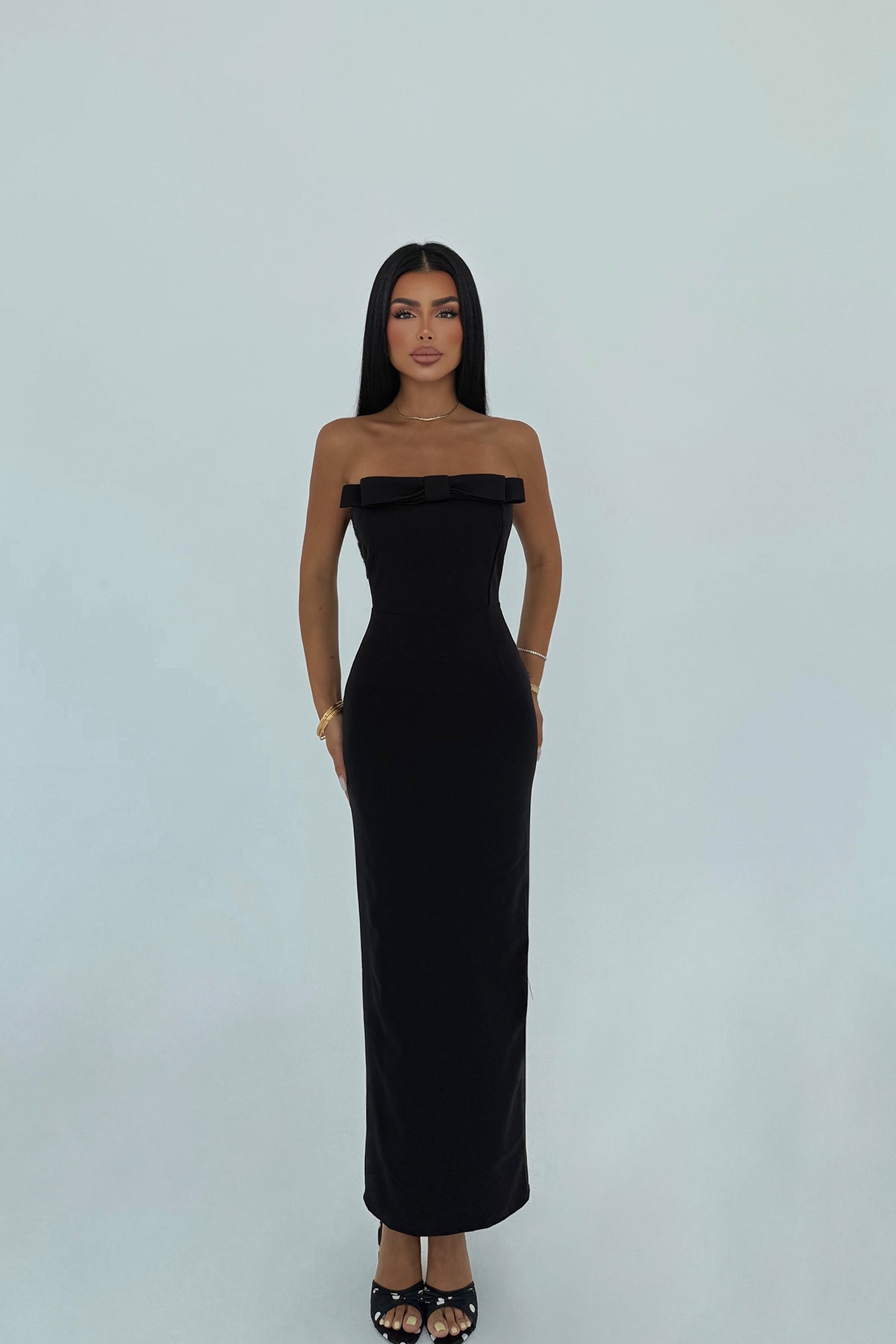 Siyah Marlowe Fiyonk Detaylı Uzun Kalem Elbise ATE-3120