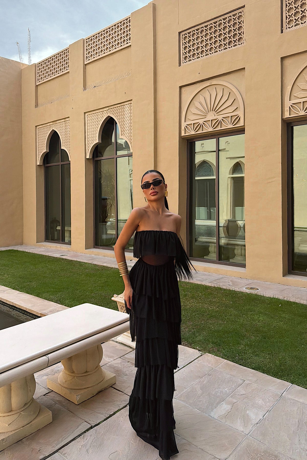 Siyah Saroja Uzun Kat Kat Tül Elbise ATE-3530