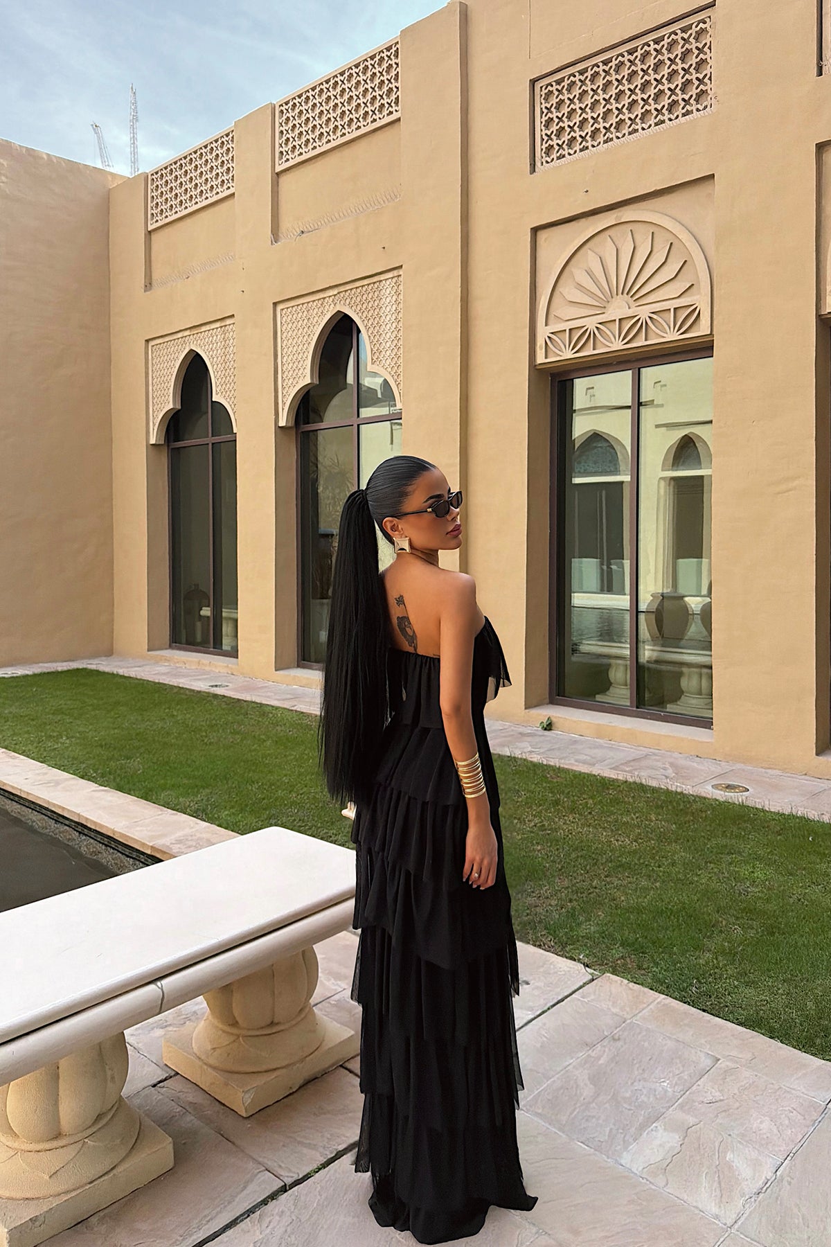 Siyah Saroja Uzun Kat Kat Tül Elbise ATE-3530