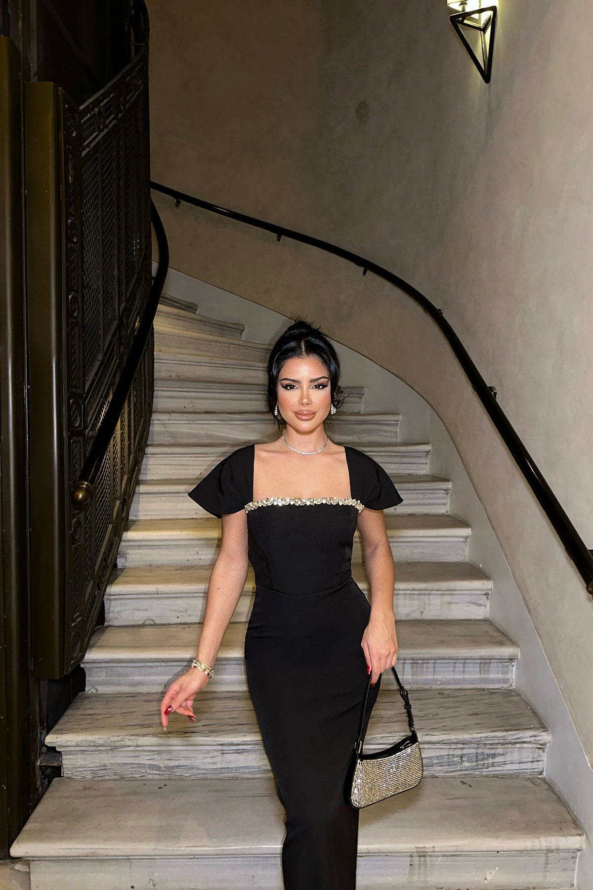 Siyah Taş Detay Uzun Elbise ATE-0842