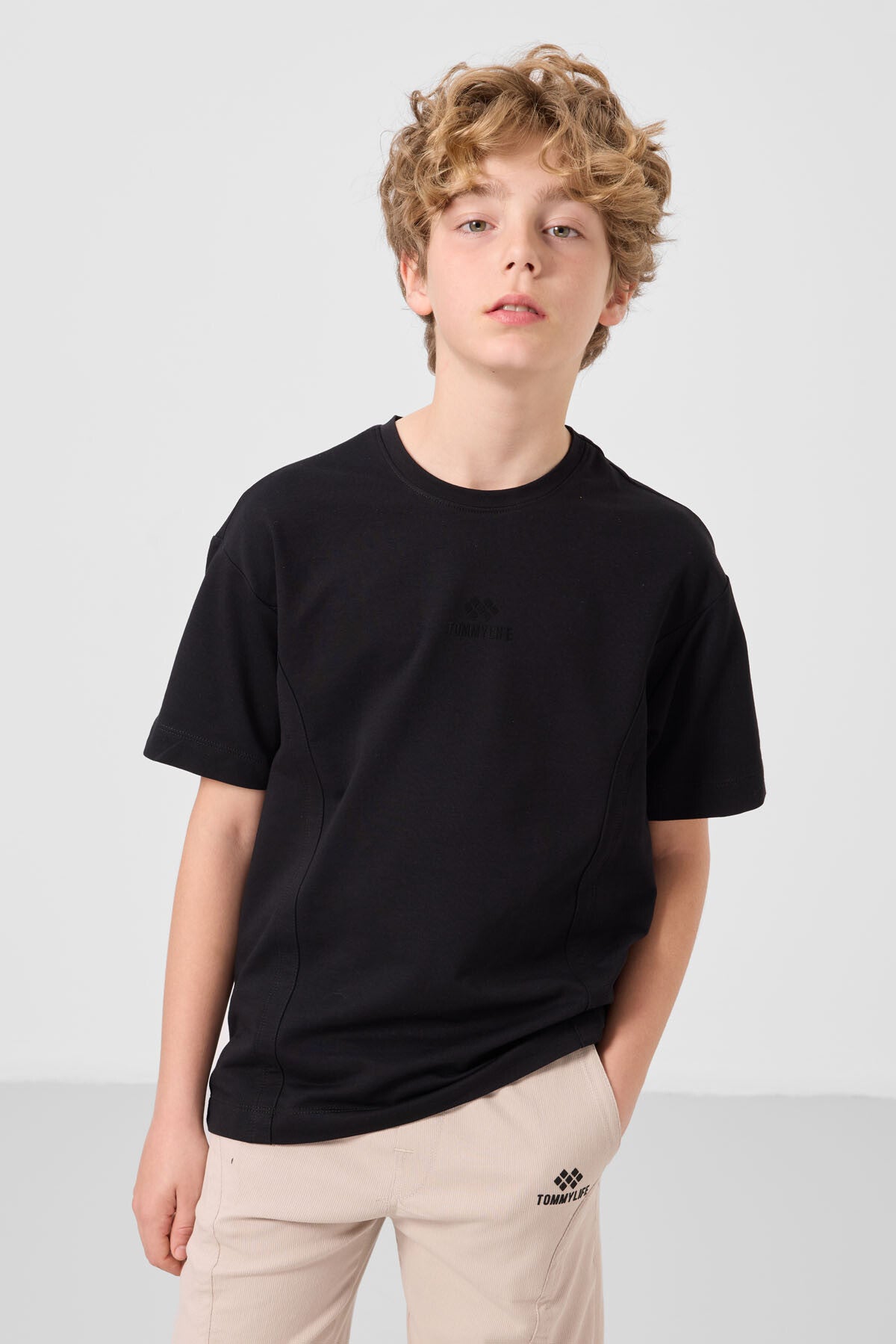 Siyah-Taş Pamuklu Oversize Fit Dokuma Hafif Esnek Chino Erkek Çocuk Şort Takım - 11276