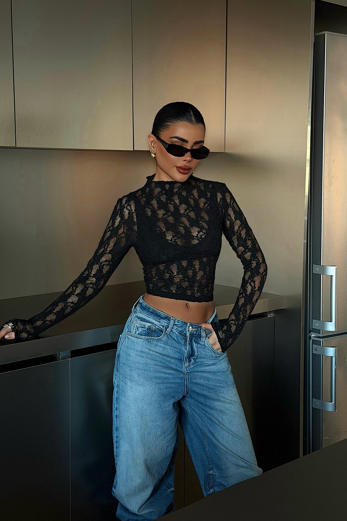 Siyah Raquel Dantel Transparan Bluz ATE-4642