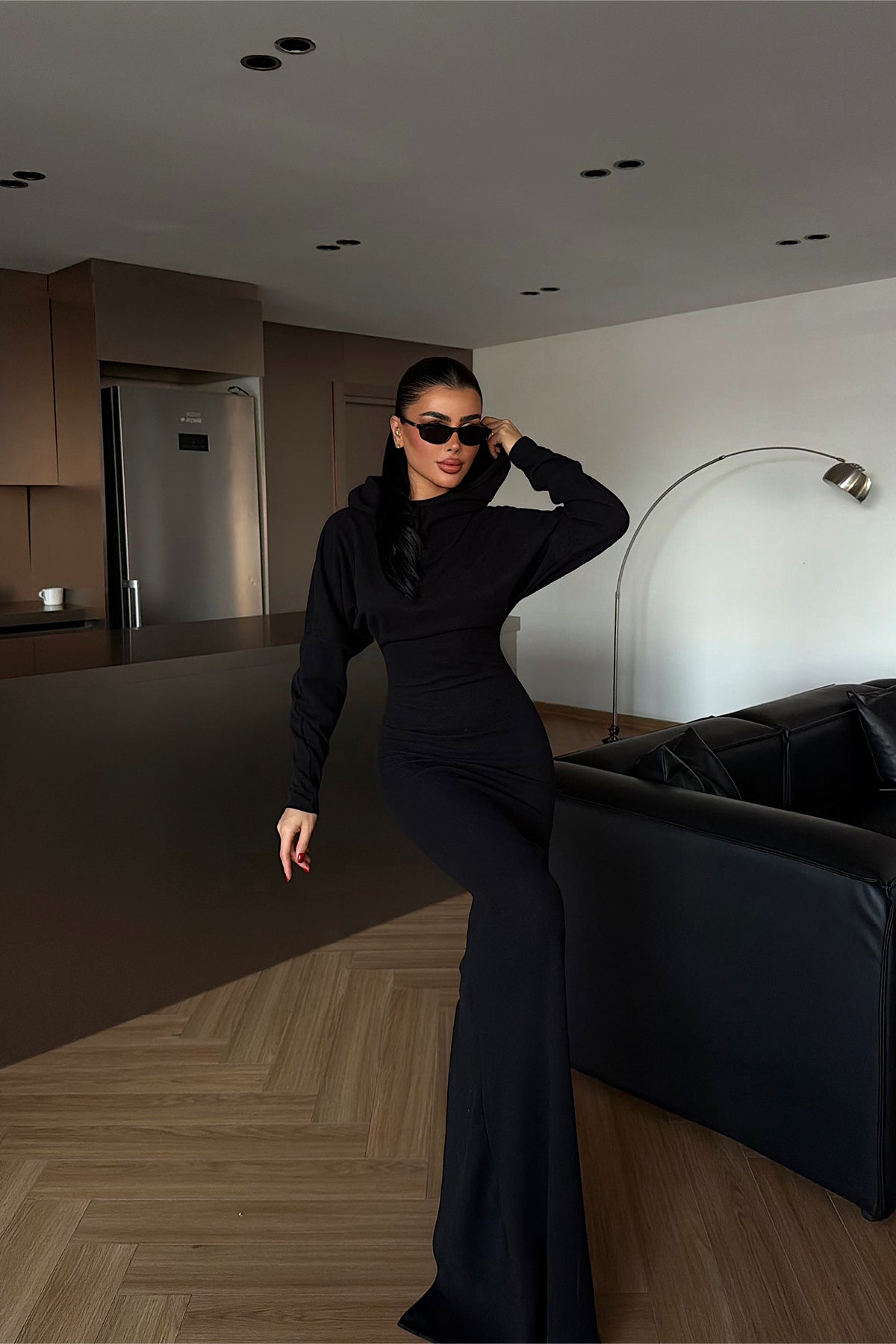 Siyah Magma Uzun Kapüşonlu Elbise ATE-4366