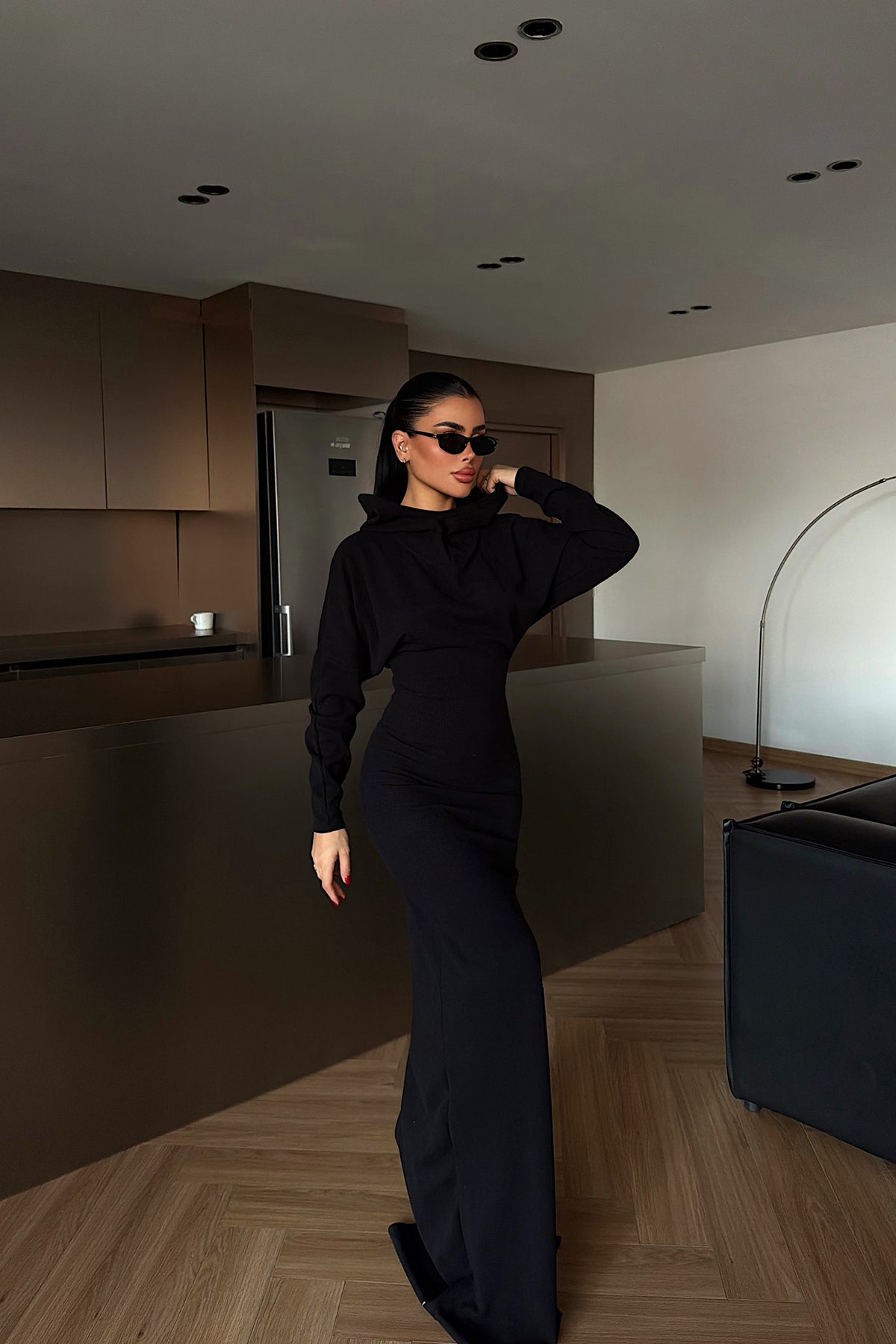 Siyah Magma Uzun Kapüşonlu Elbise ATE-4366