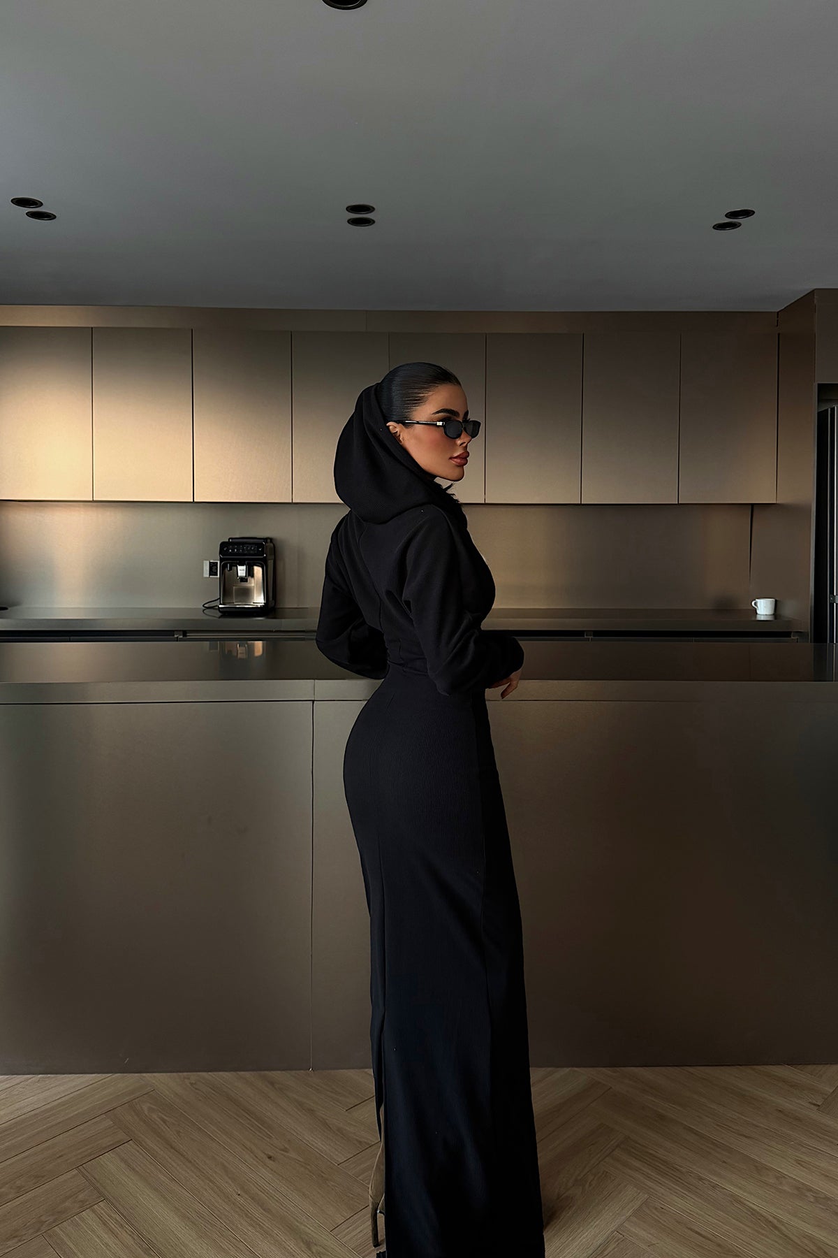 Siyah Magma Uzun Kapüşonlu Elbise ATE-4366