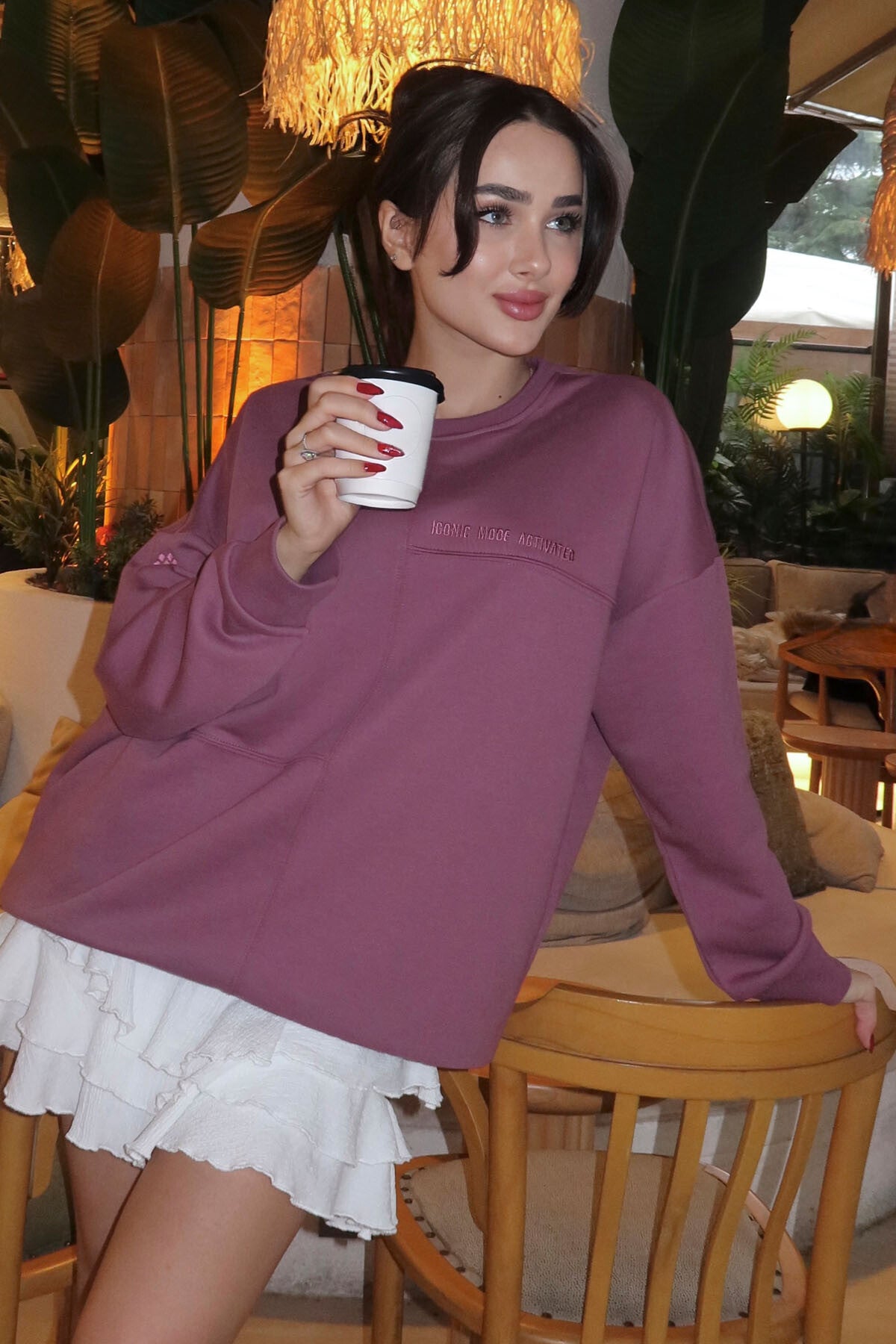 Soft Vişne Kompakt Pamuklu Kalın Pürüzsüz Dokulu O Yaka Oversize Fit Kadın Sweatshirt - 97288