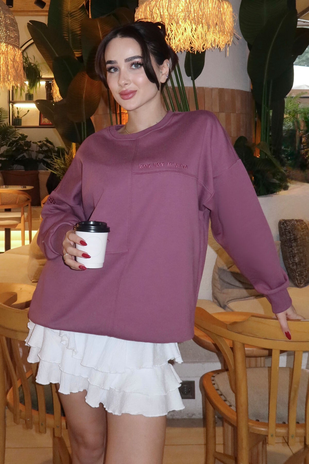 Soft Vişne Kompakt Pamuklu Kalın Pürüzsüz Dokulu O Yaka Oversize Fit Kadın Sweatshirt - 97288