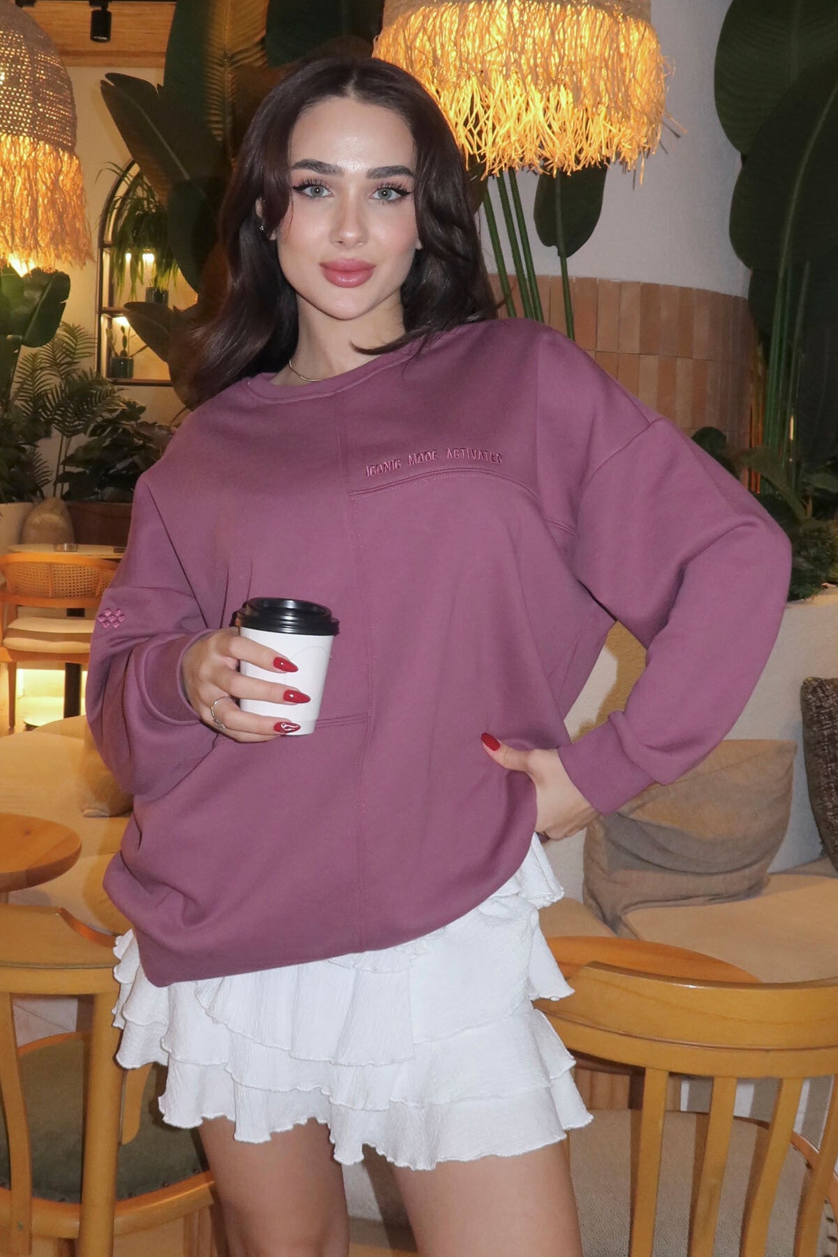 Soft Vişne Kompakt Pamuklu Kalın Pürüzsüz Dokulu O Yaka Oversize Fit Kadın Sweatshirt - 97288