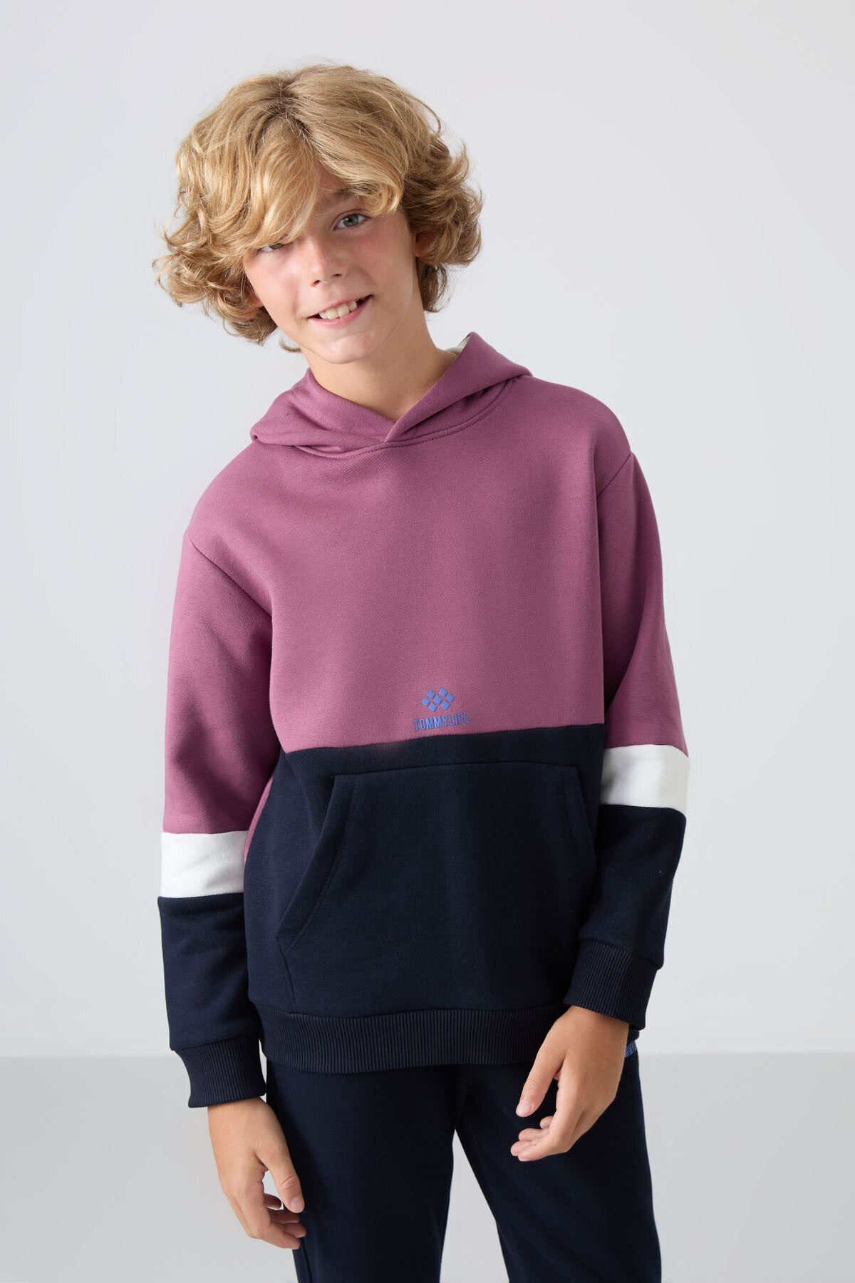 Soft Vişne-Lacivert Pamuklu Kalın İçi Tüylü Standart Fit Nakışlı Erkek Çocuk Eşofman Takım - 11255