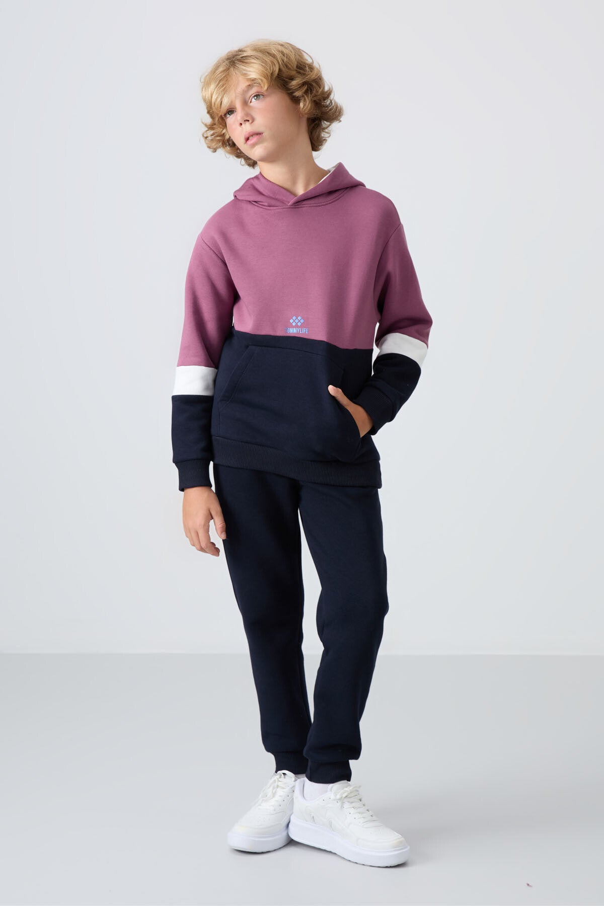 Soft Vişne-Lacivert Pamuklu Kalın İçi Tüylü Standart Fit Nakışlı Erkek Çocuk Eşofman Takım - 11255