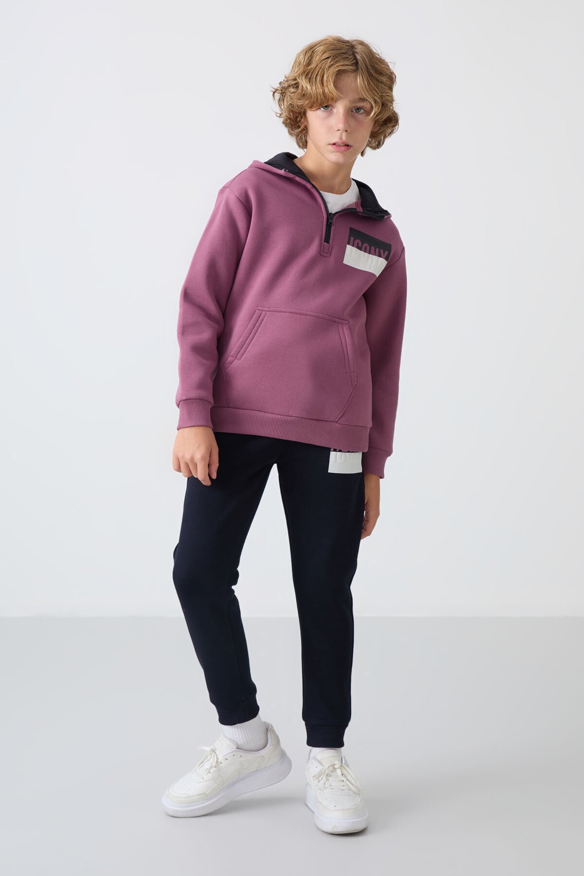 Soft Vişne-Lacivert Pamuklu Kalın İçi Tüylü Standart Fit Baskılı Erkek Çocuk Eşofman Takım - 11246