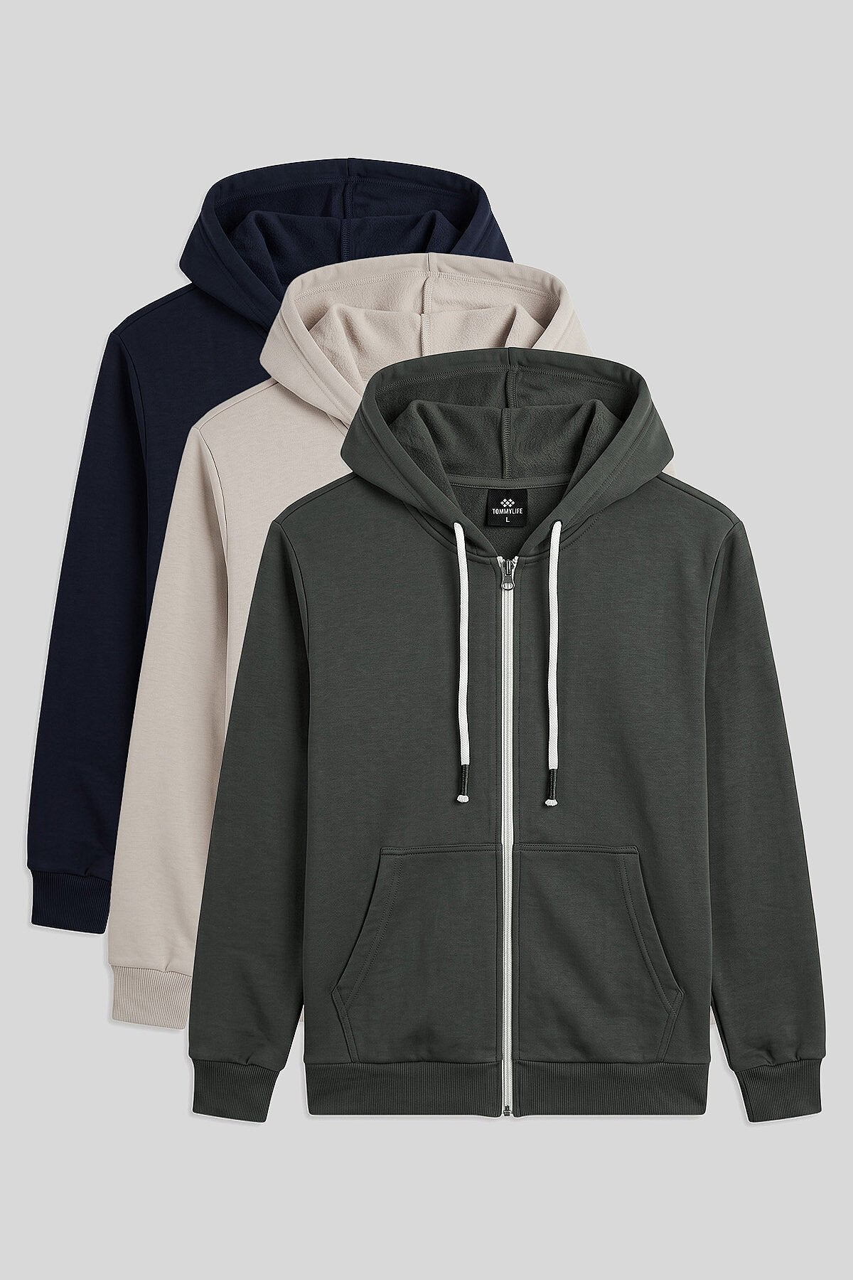 Standart Kalıp Basic 3'lü Paket Haki-Lacivert-Bej Erkek Sweatshirt - 88514