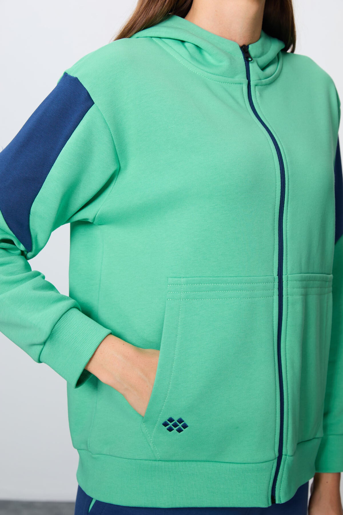 Su Yeşili-Parlament Pamuklu Kalın Kapüşonlu Oversize Fit Kadın Eşofman Takım - 95343