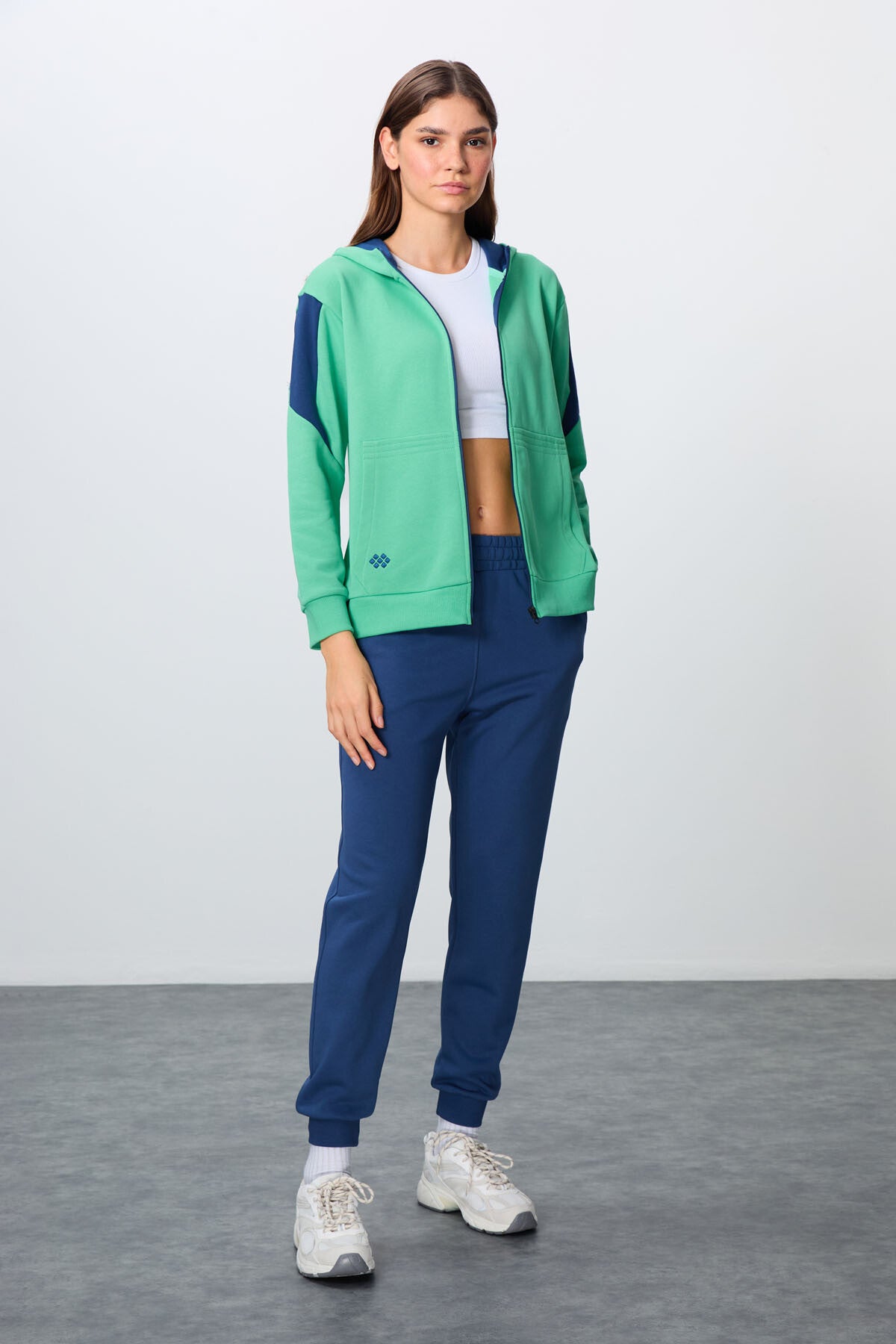 Su Yeşili-Parlament Pamuklu Kalın Kapüşonlu Oversize Fit Kadın Eşofman Takım - 95343