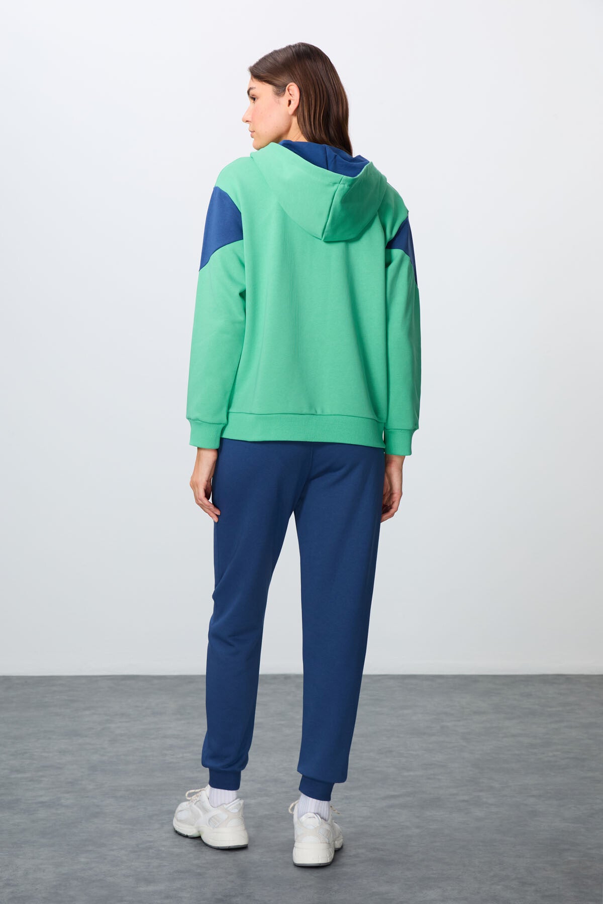 Su Yeşili-Parlament Pamuklu Kalın Kapüşonlu Oversize Fit Kadın Eşofman Takım - 95343