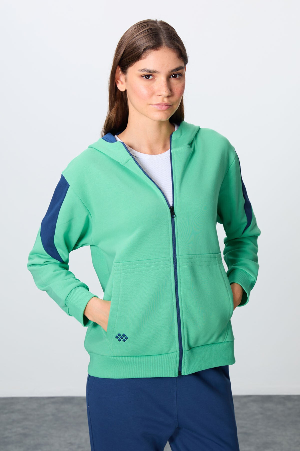 Su Yeşili-Parlament Pamuklu Kalın Kapüşonlu Oversize Fit Kadın Eşofman Takım - 95343