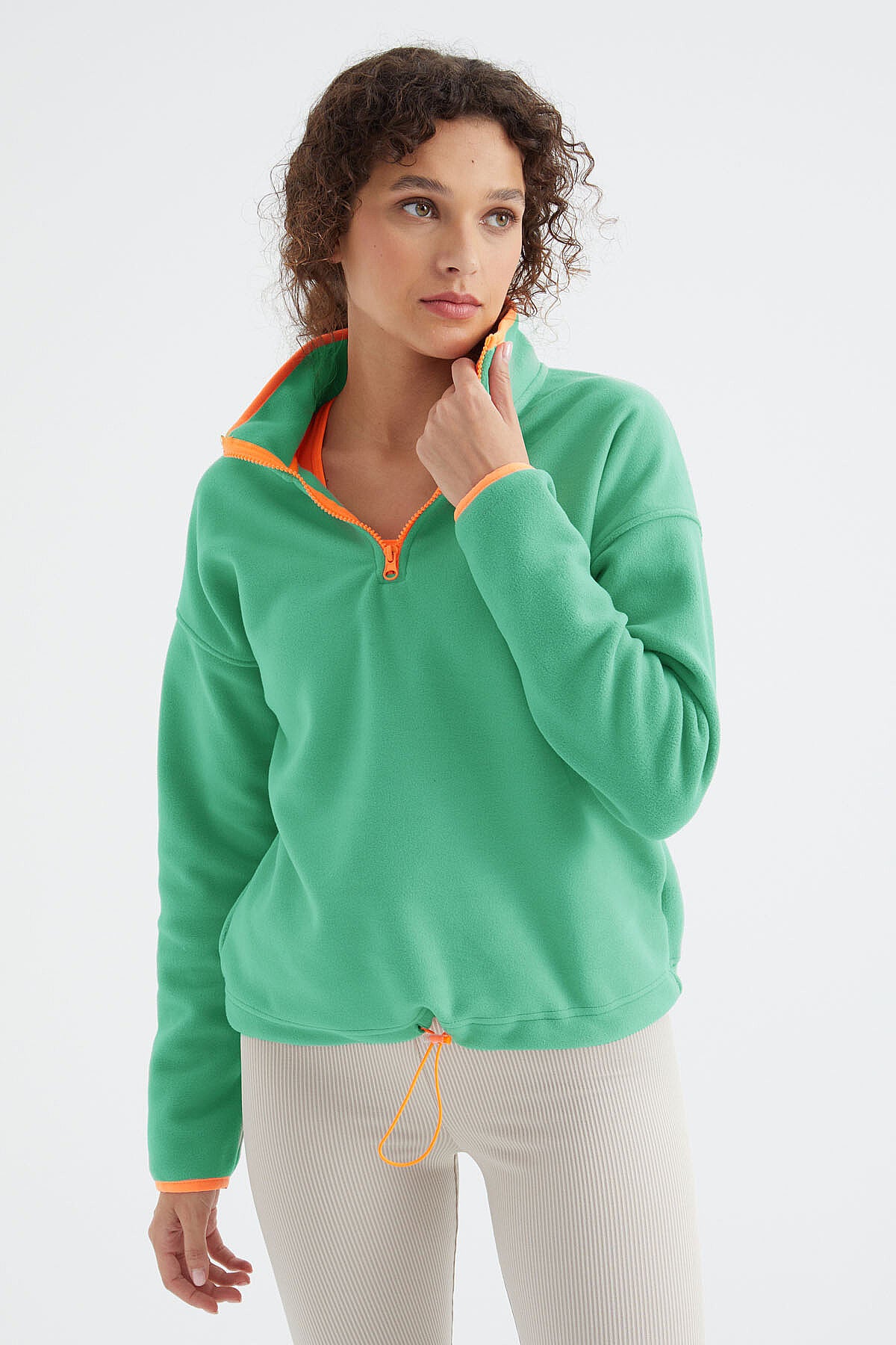 Su Yeşili Yarım Fermuar Etek Ucu Büzgülü Dik Yaka Oversize Kadın Polar Sweatshirt - 97234