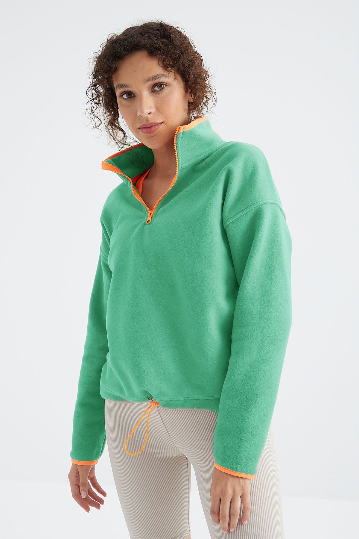 Su Yeşili Yarım Fermuar Etek Ucu Büzgülü Dik Yaka Oversize Kadın Polar Sweatshirt - 97234