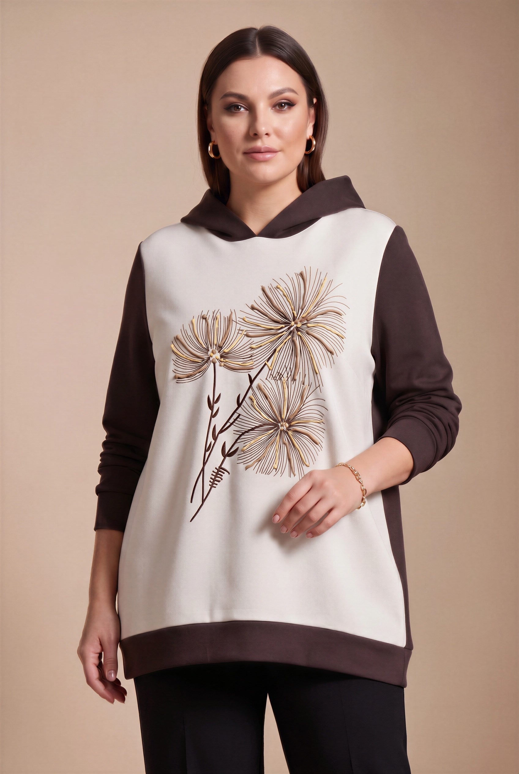 Özel Baskılı Kapşonlu Büyük Beden Sweatshirt Kahve