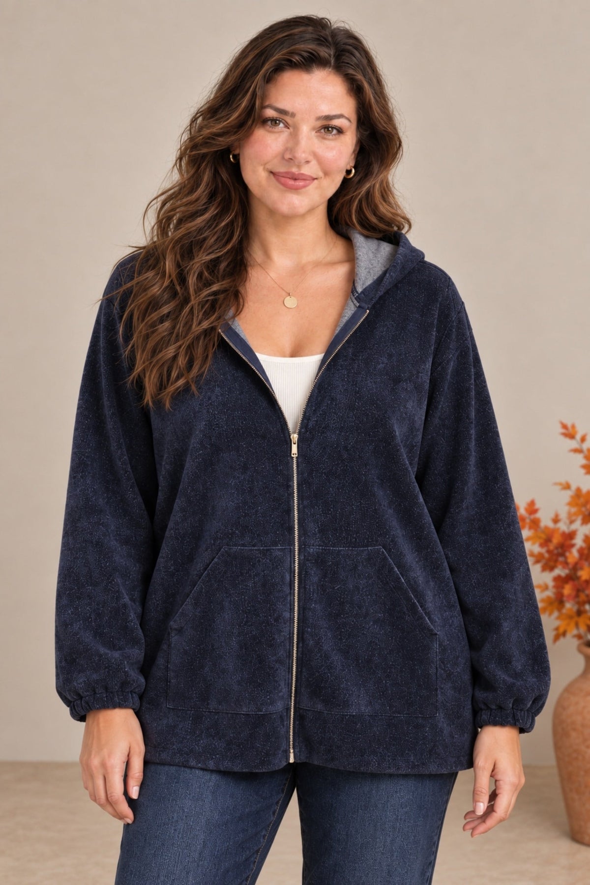 Yumuşak Kadife Tuşeli Fermuarlı Büyük Beden Sweatshirt Lacivert