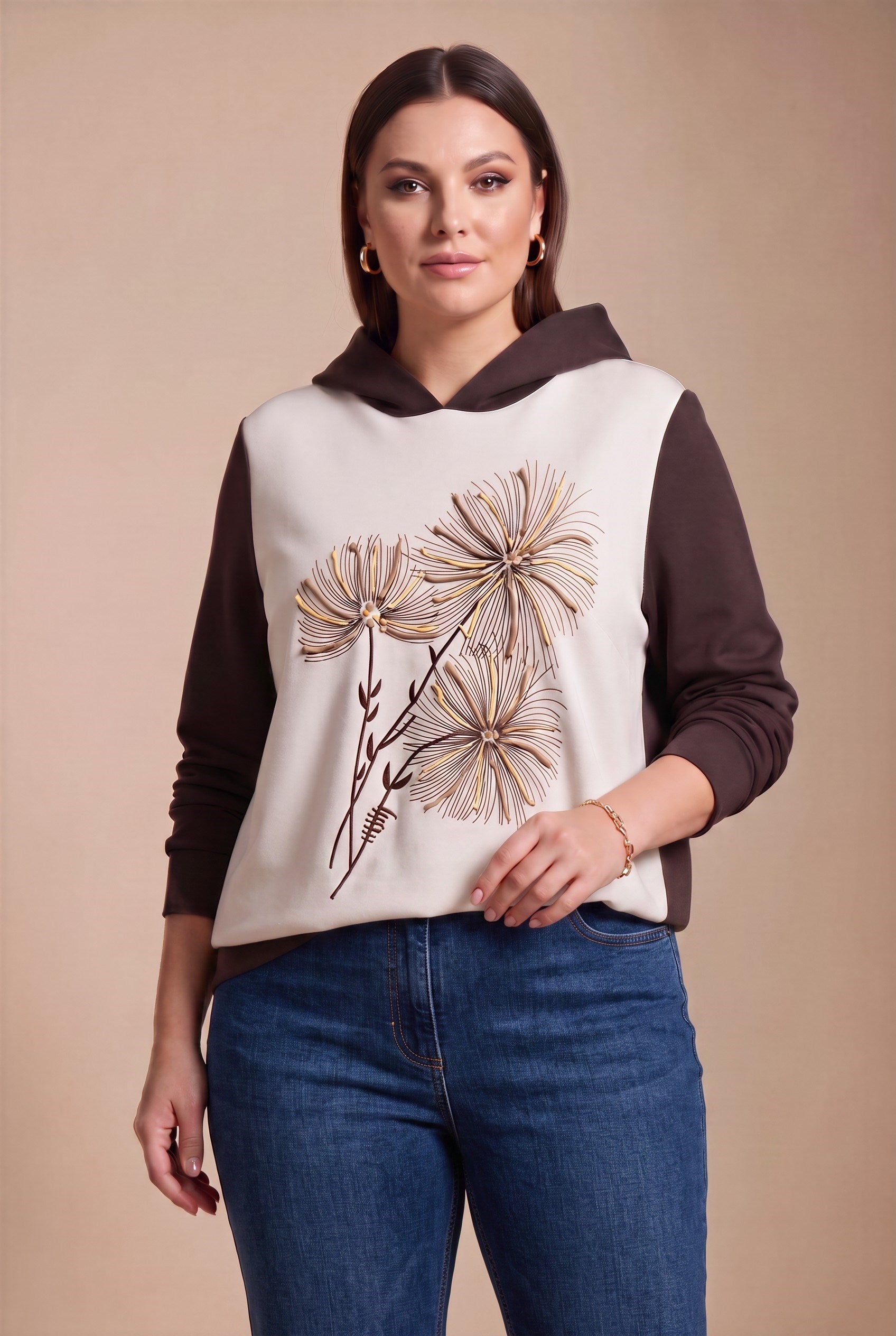 Özel Baskılı Kapşonlu Büyük Beden Sweatshirt Kahve