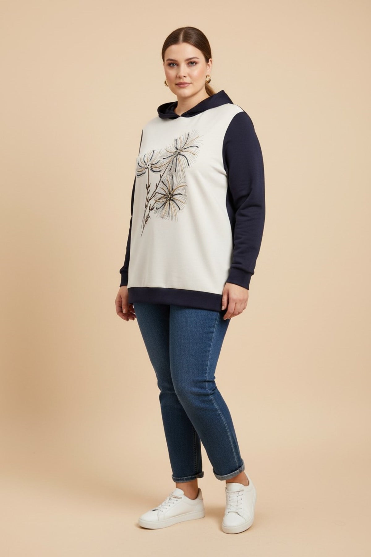 Özel Baskılı Kapşonlu Büyük Beden Sweatshirt Lacivert