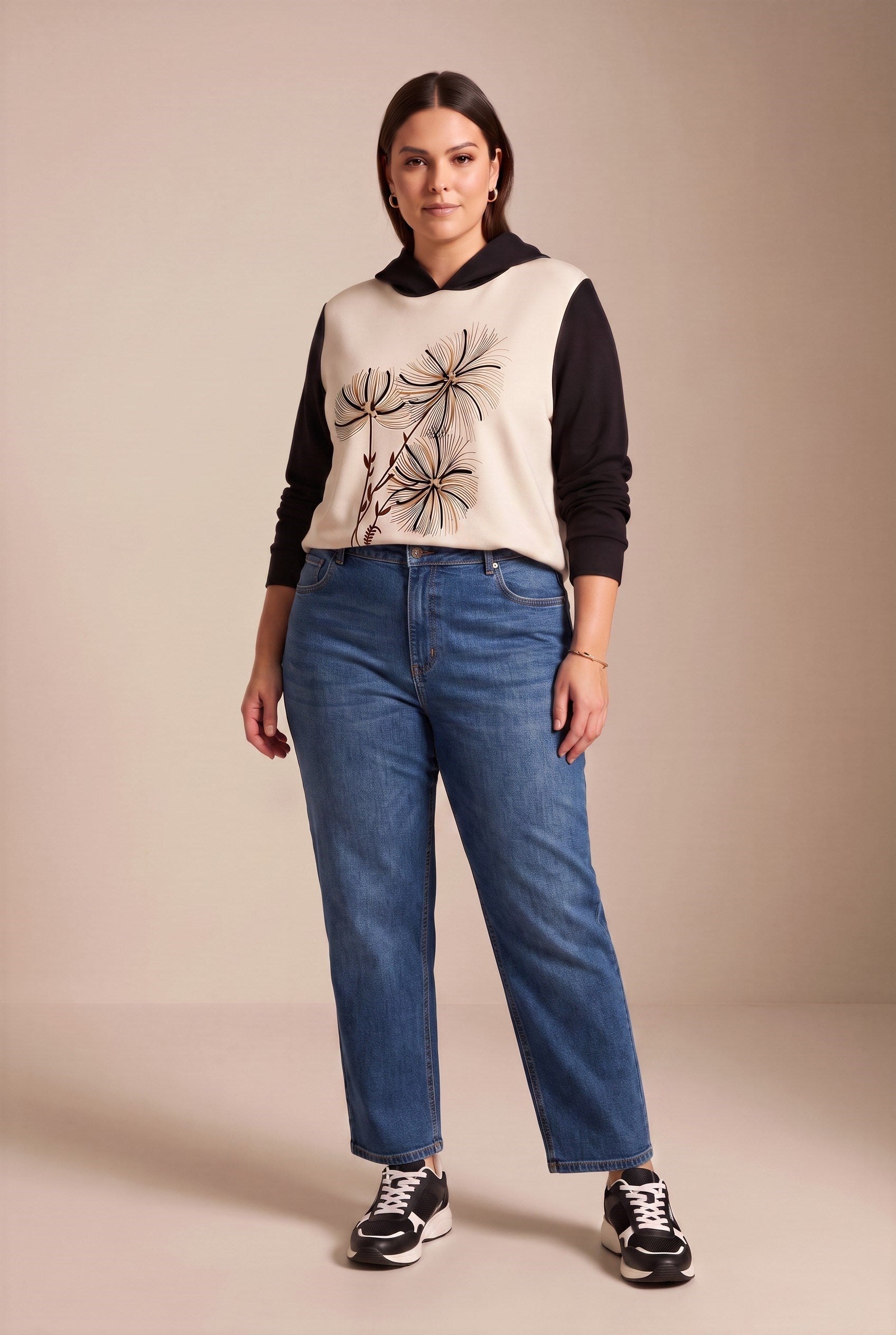 Özel Baskılı Kapşonlu Büyük Beden Sweatshirt Siyah
