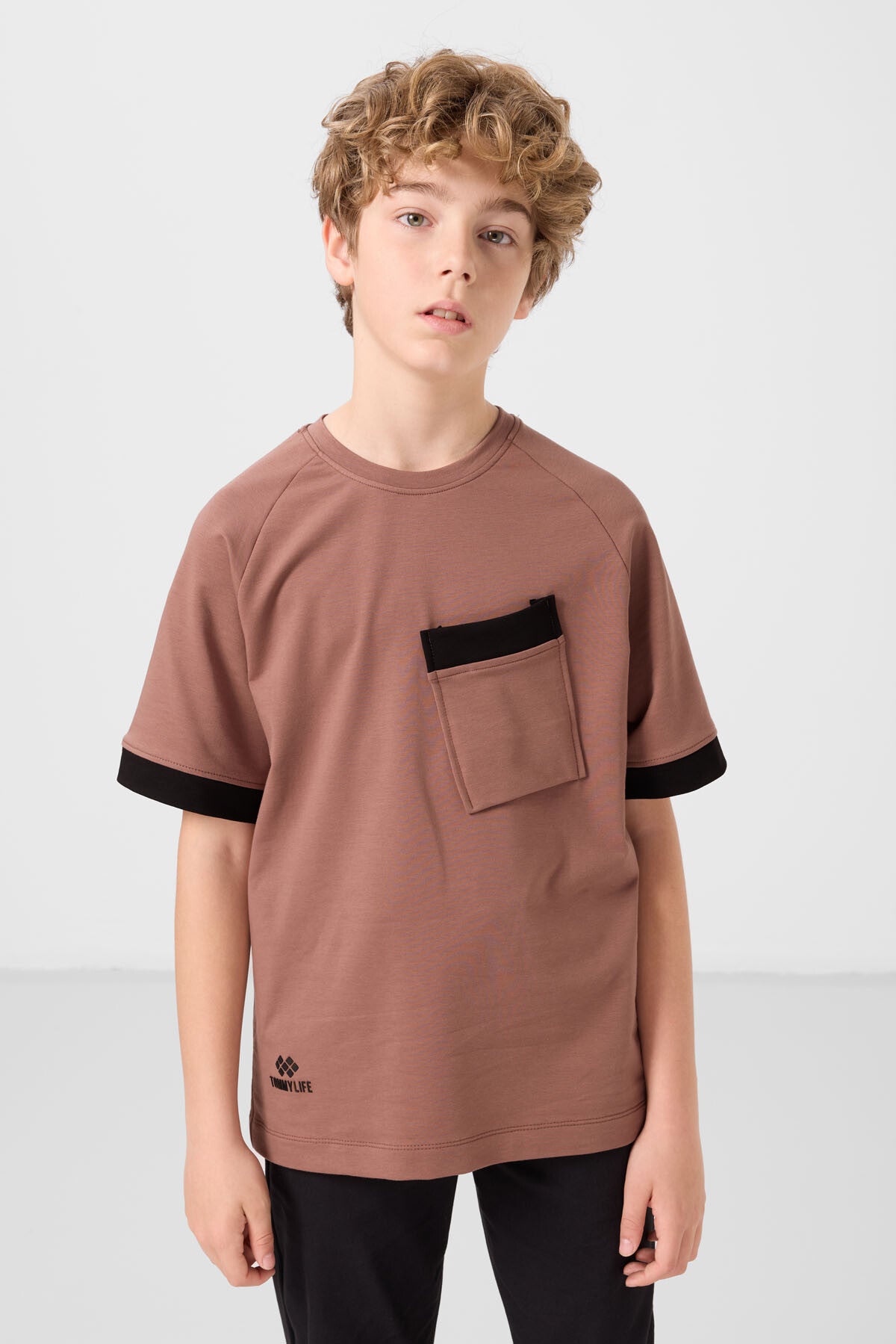 Tarçın Pamuklu Yumuşak Dokulu Oversize Cep Detaylı Erkek Çocuk T-Shirt - 11295