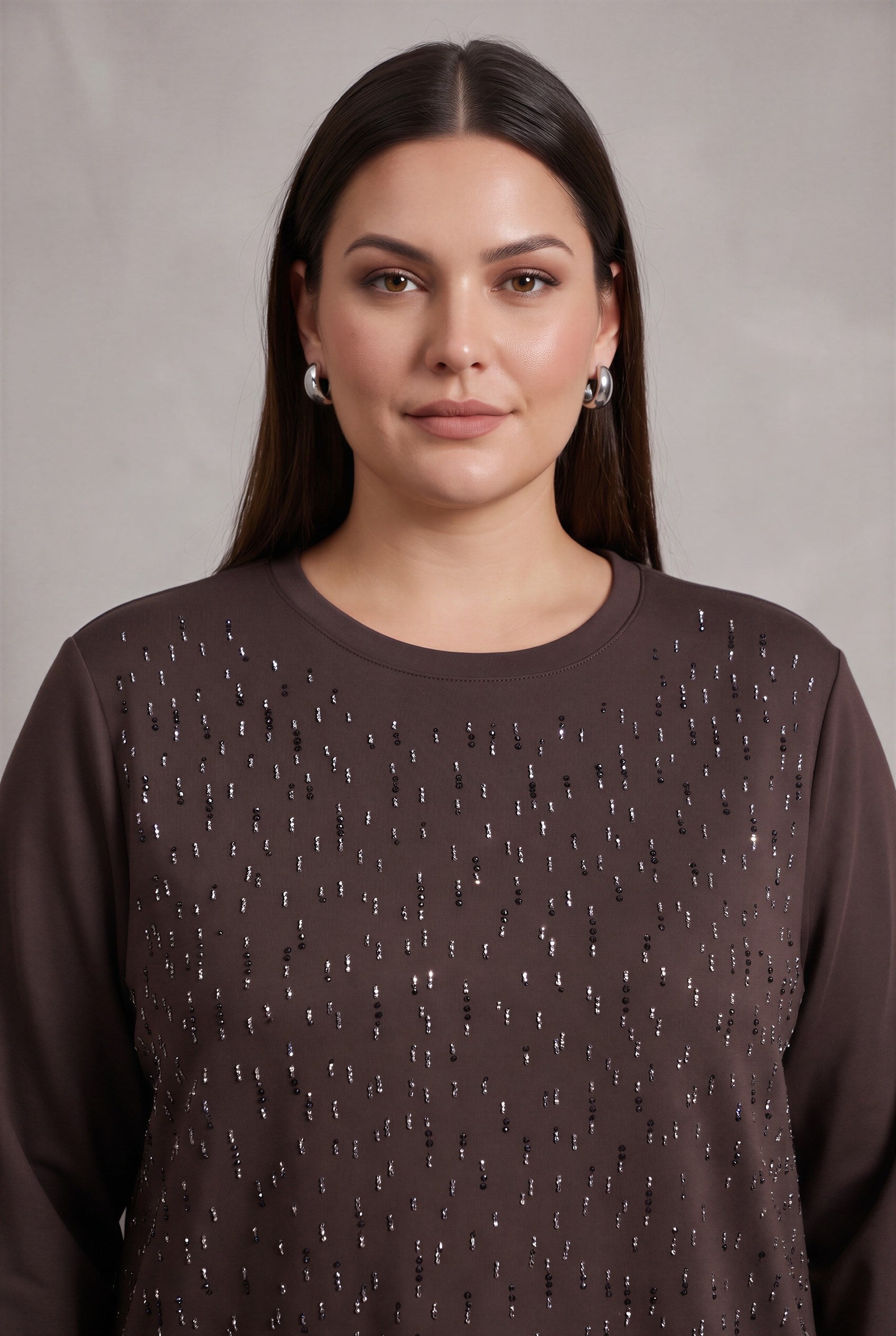 Taş Detaylı Büyük Beden Modal Örme Sweat Kahve