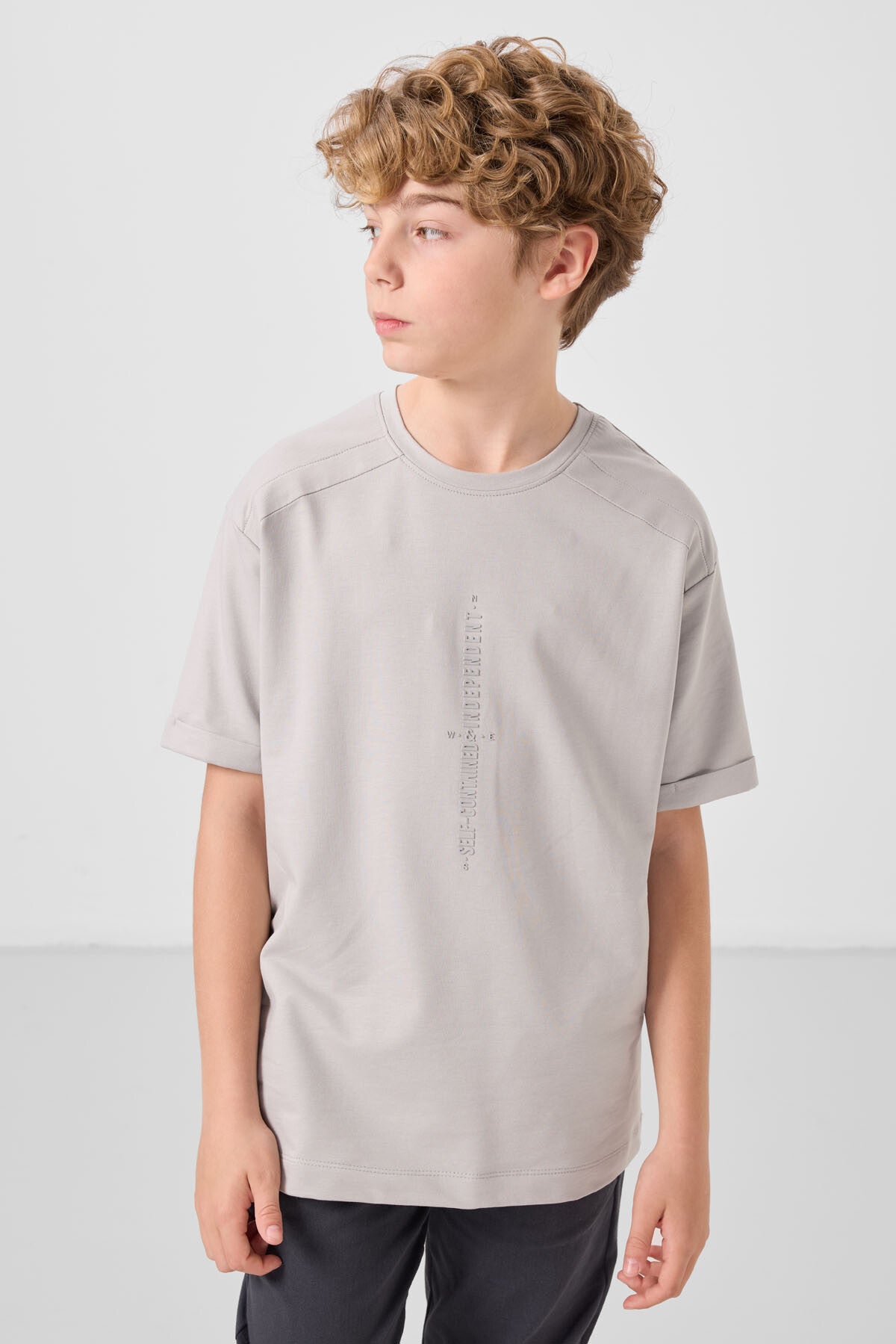 Taş Pamuklu Yumuşak Dokulu Oversize Baskılı Erkek Çocuk T-Shirt - 11301