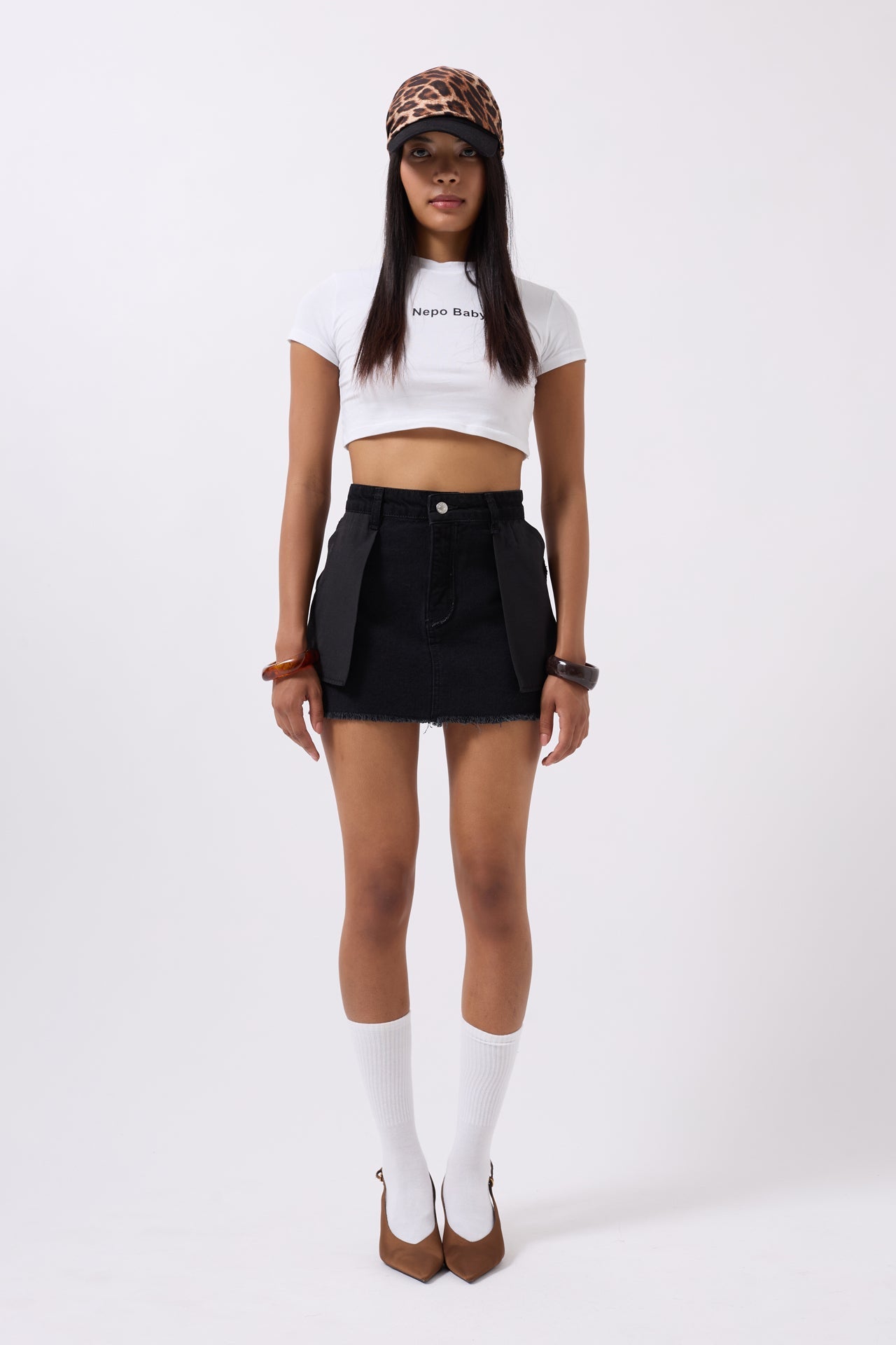 Ters Detay Denim Mini Siyah Etek