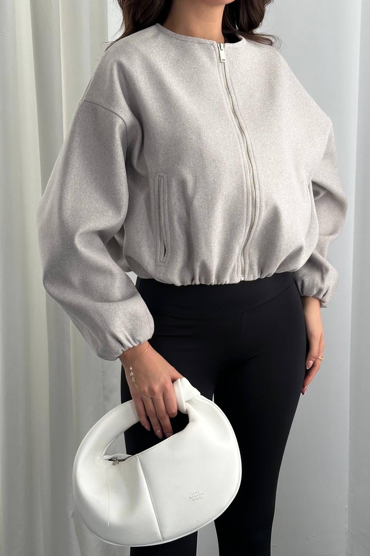 Toptan Açık Gri Kısa Önü Fermuarlı Bomber Ceket