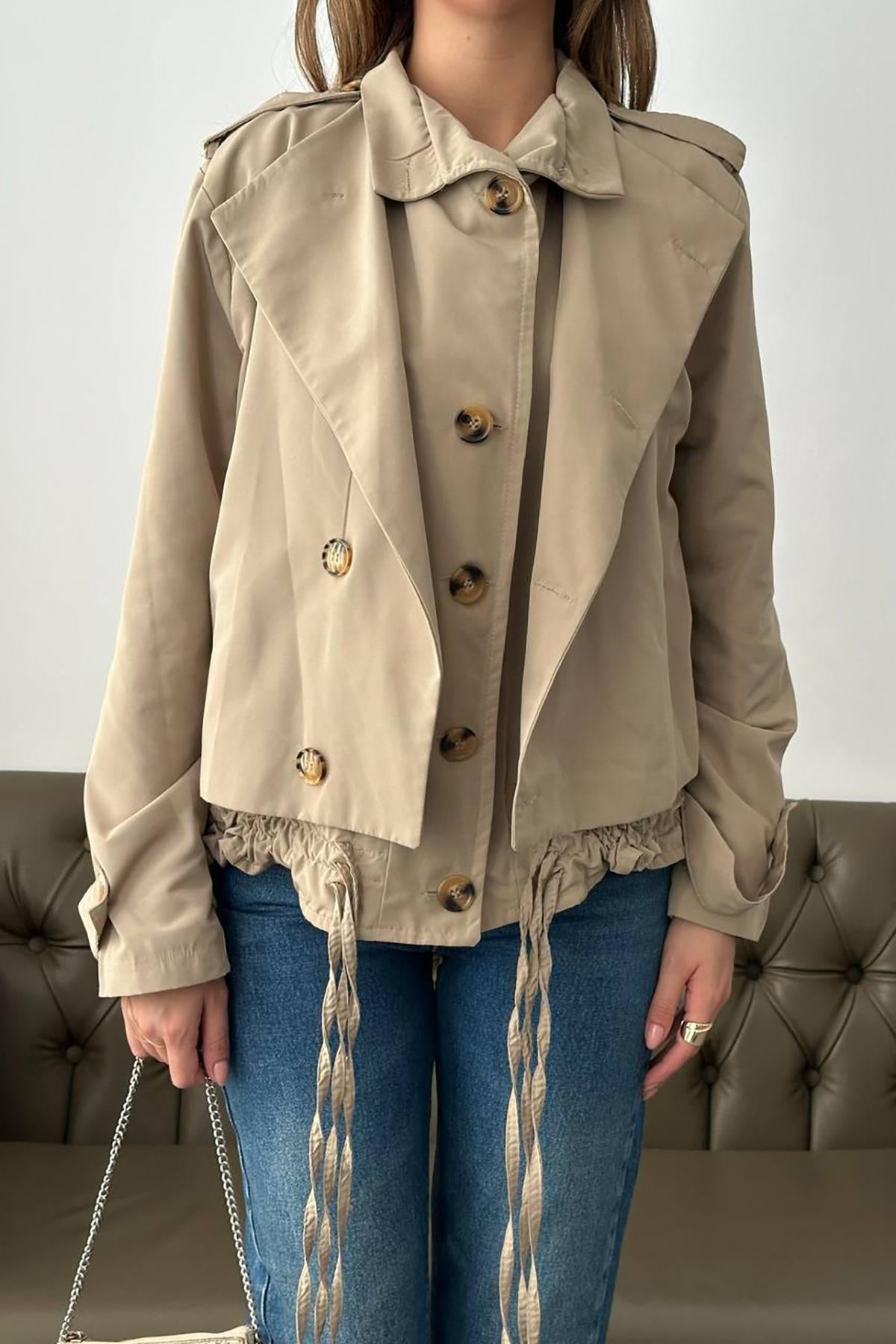 Toptan Açık Haki Çift Katlı Kısa Ceket