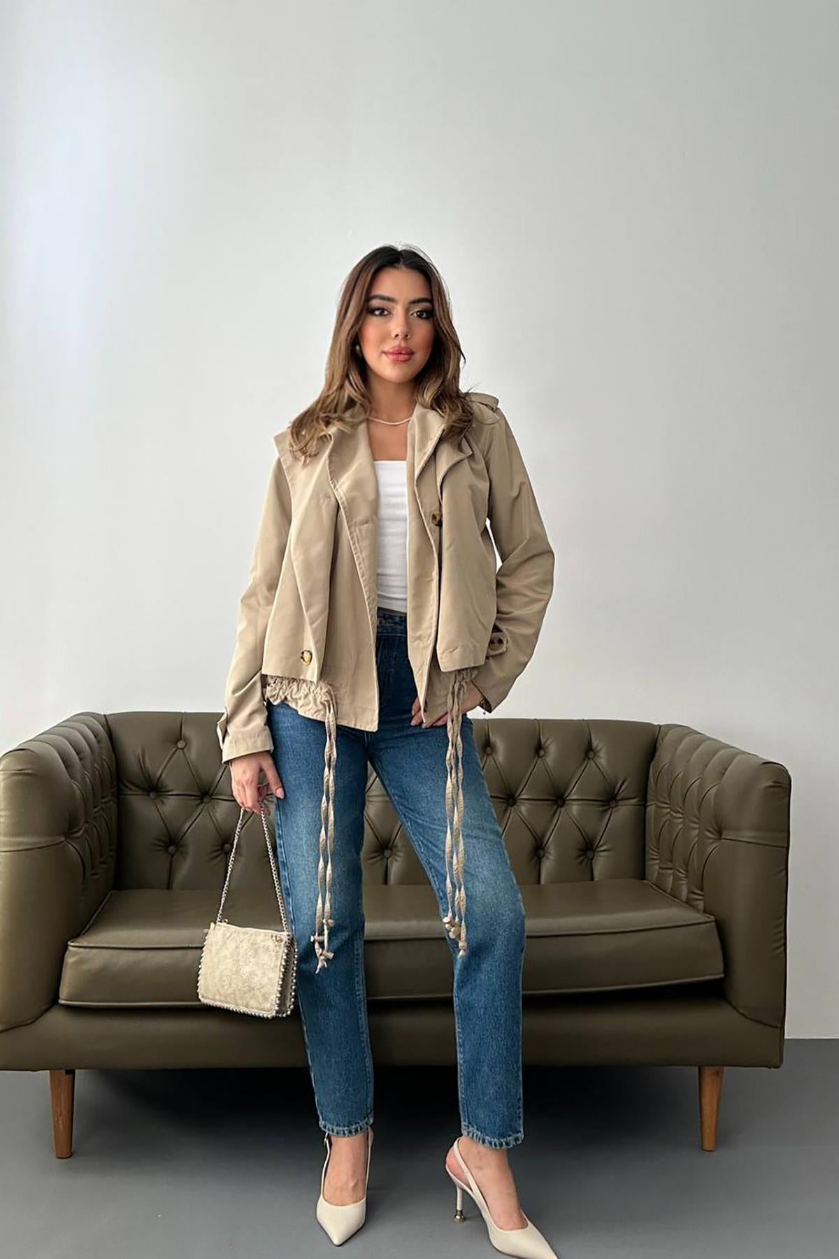 Toptan Açık Haki Çift Katlı Kısa Ceket