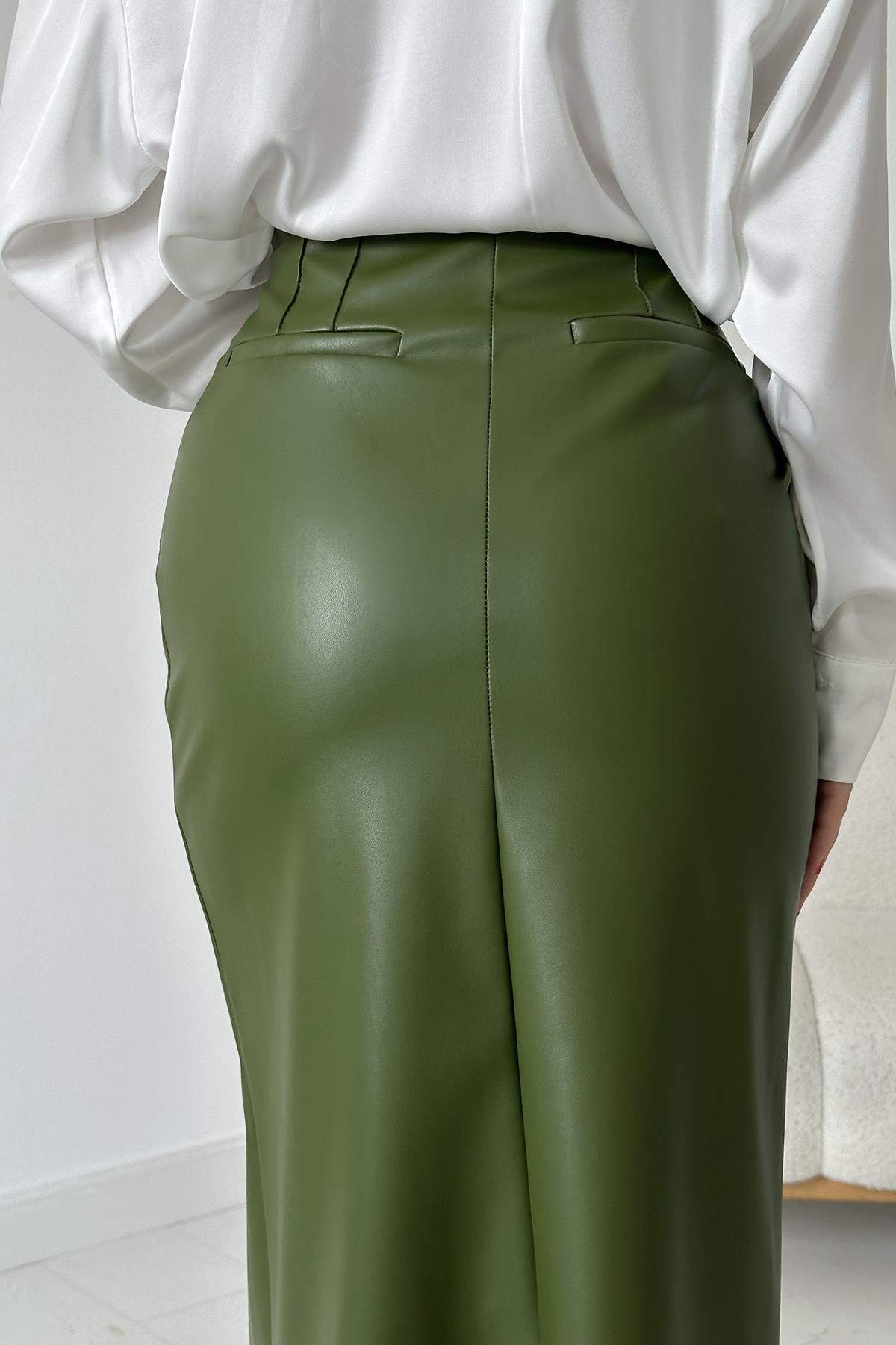 Toptan Açık Haki Yırtmaçlı Süs Patlı Etek