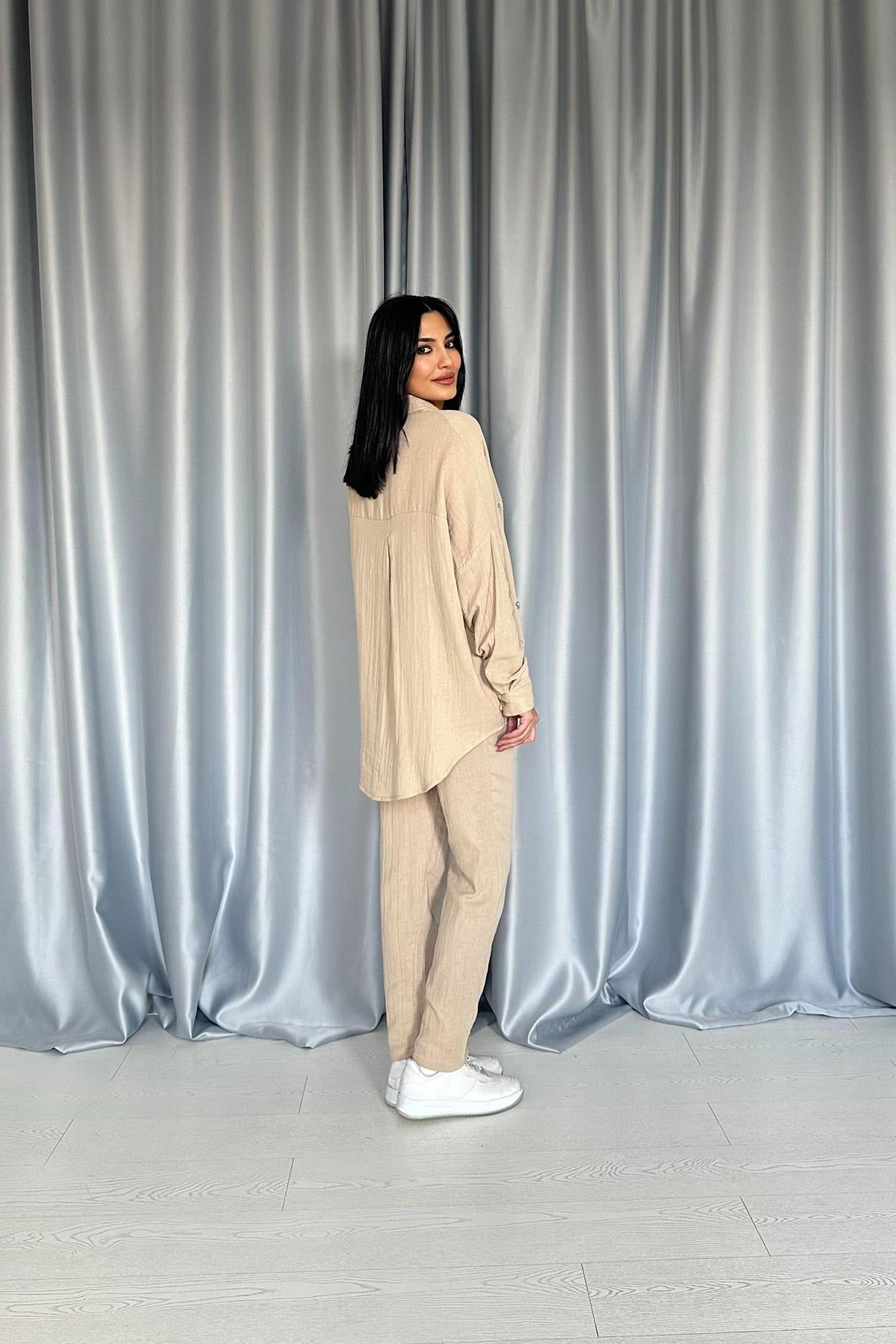 Toptan Bej 3 Taş Motifli Gömlek Ve Pantolon Takım