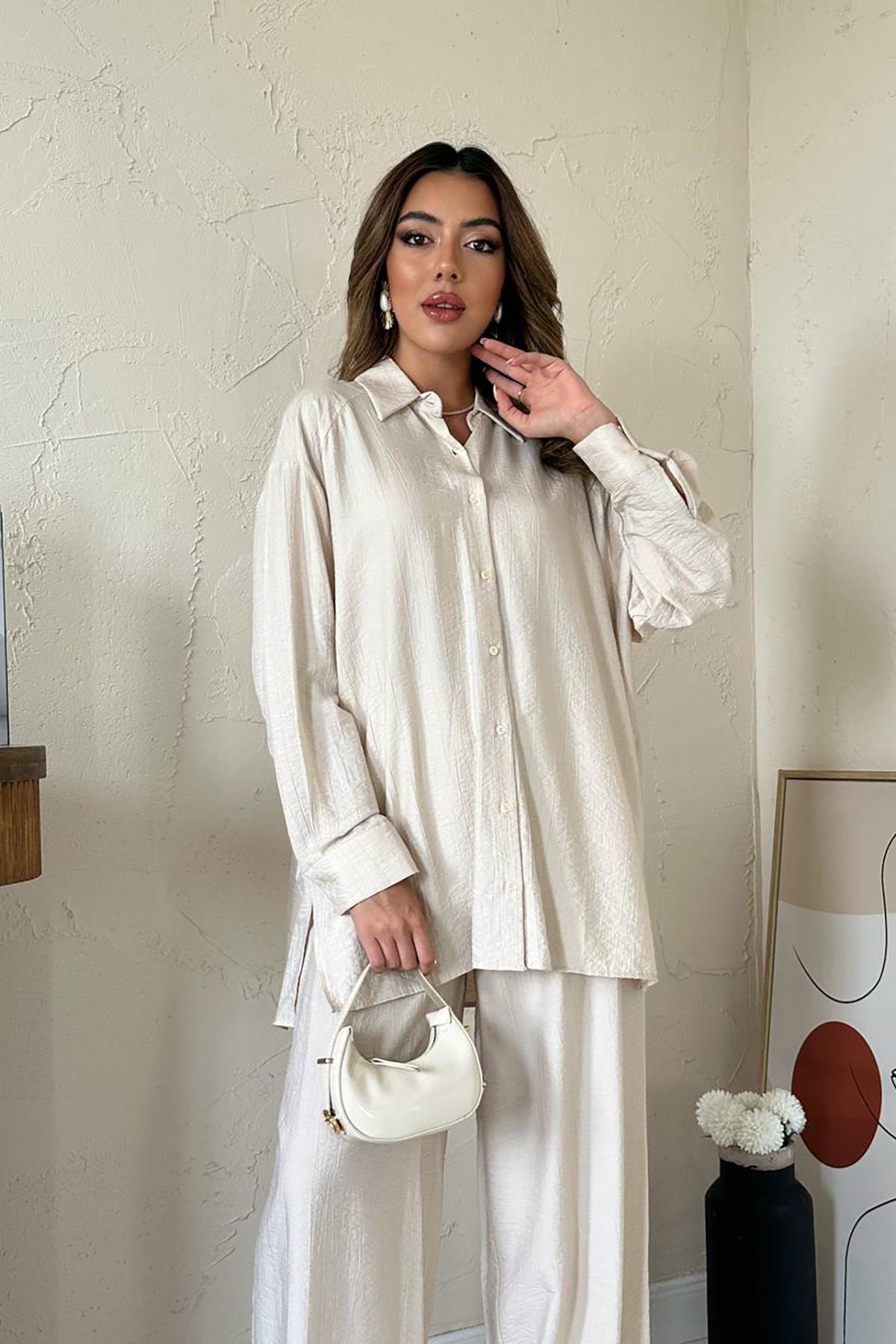 Toptan Bej Alice Gömlek Ve Bol Kesim Pantolon Takım